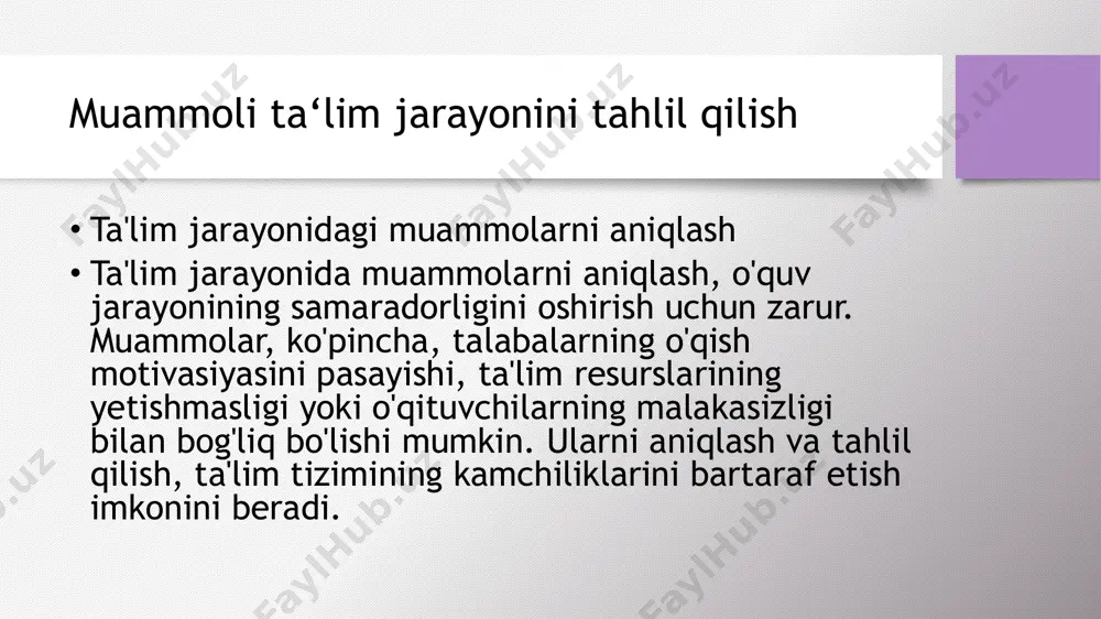 o‘quvchilar muammolarni hal etish jarayonida tanqidiy fikrlash ko‘nikmalarini rivojlantiradilar, bu esa ularning analitik fikrlash qobiliyatini oshiradi. o‘quvchilarni mustaqil ishlashga o‘rgatish: muammoli ta‘lim o‘quvchilarga mustaqil ishlash va o‘z fikrlarini aniqlash imkonini beradi, bu esa ularning o‘z-o‘zini boshqarish qobiliyatini kuchaytiradi. muammoli ta‘lim metodlarining kelajagi muammoli ta‘lim metodlari kelajakda yanada rivojlanadi, o‘quv jarayonida innovatsion yondashuvlar va texnologiyalar muhim rol o‘ynaydi. masalan, virtual va qo‘shilgan haqiqat texnologiyalari o‘quvchilarga haqiqiy vaziyatlarni simulyatsiya qilish imkonini beradi. o‘qituvchilar uchun, zamonaviy pedagogik usullarni o‘rganish va o‘z darslarida innovatsiyalarni qo‘llash muhimdir. muammoli ta‘limga tayyorgarlik o‘quvchilarning tayyorgarlik darajasi o‘quvchilar muammoli ta‘limga tayyorgarlik darajasi o‘zlarining mustaqil fikrlash, muammolarni hal qilish va hamkorlikda ishlash ko‘nikmalarini rivojlantirishdan boshlanadi. ular muammoli vaziyatlarga tayyorgarlik ko‘rish uchun zaruriy bilim va ko‘nikmalarga ega bo‘lishlari lozim. o‘qituvchilarga qo‘yiladigan talablar o‘qituvchilar muammoli ta‘limni samarali tashkil etish uchun bir qator muhim ko‘nikmalarga ega bo‘lishlari kerak. bularga o‘quvchilarni motivatsiya qilish, muammolarni aniqlash va ularni hal qilishda yo‘l-yo‘riq ko‘rsatish, shuningdek, guruhda ishlash …