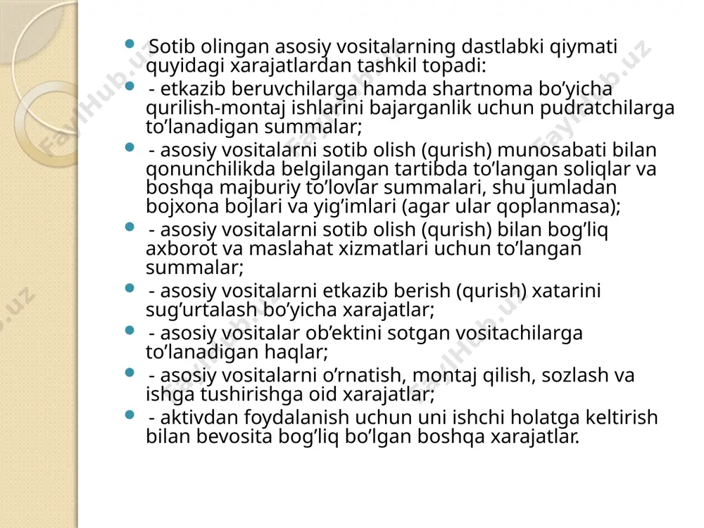 tarkibiga qabul qilingan oydan keyingi oyning birinchi sanasidan boshlanadi hamda mazkur ob'ektning dastlabki (tiklanish) qiymati doirasida yoxud bu ob'ektni balansdan hisobdan chiqarilguncha amalga oshiriladi. hisobot yili mobaynida asosiy vosita ob'ektlari bo'yicha eskirish har oyda yillik eskirish summasining 1/12 miqdorida hisoblanadi. asosiy vosita ob'ektlari bo'yicha eskirish hisoblash asosiy vositalarning dastlabki (tiklanish) qiymati to'liq qoplangan yoxud bu ob'ekt balansdan hisobdan chiqarilgan oydan keyingi oyning birinchi sanasidan boshlab to'xtatiladi. eskirish hisoblash asosiy vositalar ob'ektlari qiymatining 100 foizidan oshib ketishi mumkin emas. vazirliklar, davlat qo'mitalari va idoralari, zarur hollarda, o'zlarining tizimidagi tashkilotlarda asosiy vositalarning eskirishi me'yorlarini asosiy vositalarning texnik shartlari yoki tayyorlovchi-tashkilotlar tavsiyalariga muvofiq asosiy vositalar ob'ektlarining samarali foydalanish muddatini hisobga olgan holda, tegishli qonunchilik bilan belgilangan me'yorlardan oshmagan holda o'rnatadilar. № муомалалар мазмуни дт кт асос бўлувчи хужжат 1. асосий воситаларга эскириш ҳисобланиши (ҳар ойда) 231, 241, 251, 261 ёки 271 субсчётларнинг тегишлиси 02- счётнинг тегишли субсчётлари бухгалтерия расчётлари, маълумотномалари 2. бошқа ташкилотлардан …
