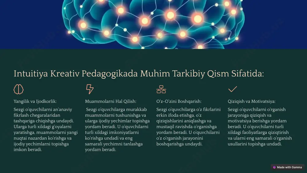 va o'yinlar orqali sezgini rivojlantirishga undadi va ularning ijodiy potensialini ochishga yordam berishlari kerak. 7 image1.png image2.png image3.png image4.png image5.png image6.png image7.png image8.png image9.png image10.png image11.png image12.png image13.png