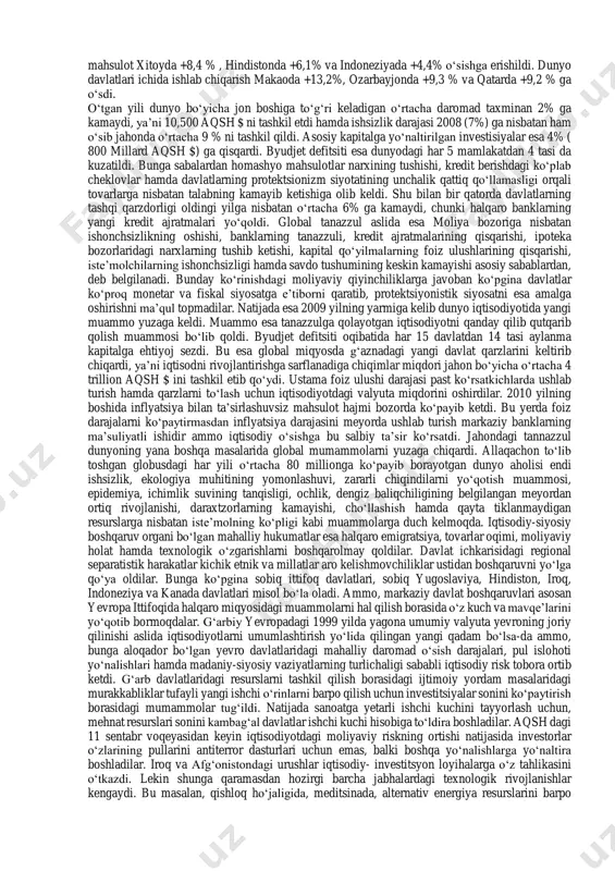 iga ega bо‘la boshladi. jahon iqtisodiyotining globallashuviga transmilliy korporatsiyalar (tmk) va transmilliy banklarning (tmb) vujudga kelishi va keskin rivojlanishi ham sezilarli turtki bо‘ldi. butunjahon xо‘jaligining transmilliylashuvi natijasida mamlakatlararo milliy ishlab chiqarishning ixtisoslashuvi va birlashishi tmklarning faoliyatini yanada rivojlantirdi. tmklar tomonidan mamlakat iqtisodiyotiga bevosita investitsiyalash ishlab chiqarishda menejment, marketing, texnologiyalarni joriy etishning yangi usullarining yoyilishiga va shu asosda, jahon iqtisodiyotining globallashuv jarayonini tezlashtirdi. iqtisodiyotni tartibga soluvchi eski davlatlararo mexanizm о‘rniga globallashuv, integratsiya, transmilliylashuv va mintaqalashuv jarayonlariga muvofiq keladigan munosabatlar qaror topa boshladi. ikki tomonlama manfaatli munosabatlar kо‘p tomonlama hamkorlikka, milliy ishlab chiqarish transmilliy ishlab chiqarish shakliga о‘ta boshladi. jahon iqtisodiy ta’sirchan subyektlari rolini butunjahon xо‘jaligining qariyb barcha sohalarini tartibga solib turuvchi turli xalqaro iqtisodiy va moliyaviy tashkilotlar egallay boshladi. ayniqsa keyingi yillarda jahon moliyaviy iqtisodiy inqirozining ta’sirida jahon xо‘jaligining taraqqiyotidagi о‘zgarishlar halqaro moliyaga jiddiy ta’sir etdi. xususan, 2009 yil jahon iqtisodiyoti tarixida ikkinchi jahon urushidan keyingi shunday yil bо‘ldiki unda birinchi …