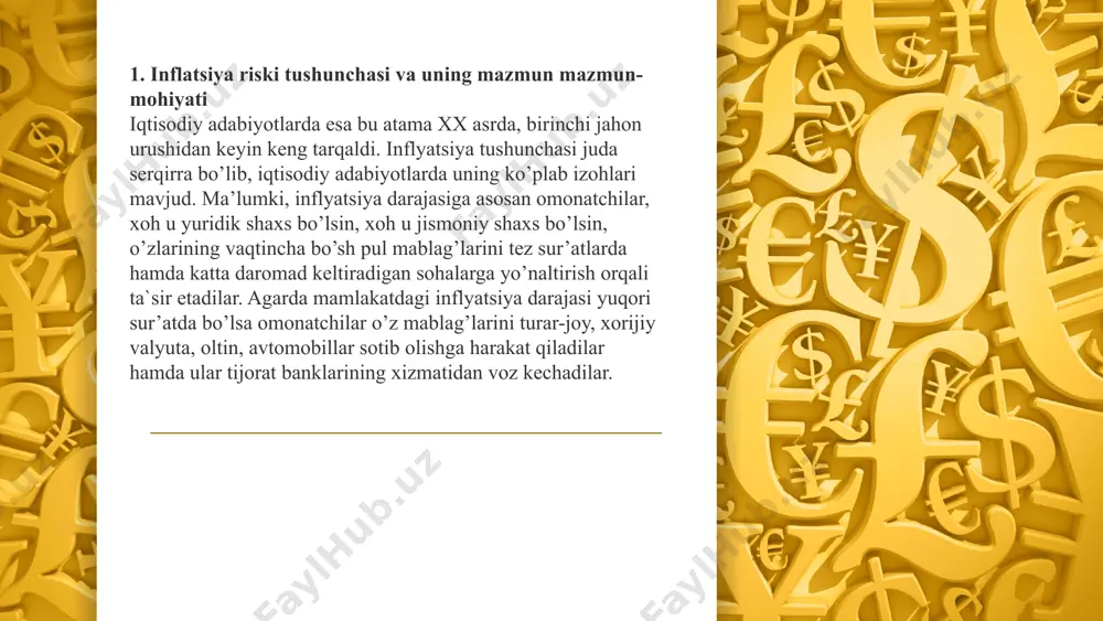 olash bilan bog’liq. inflyatsiya indeksi - o’rganilayotgan davr ichida narxlar necha martaga oshganligini ko’rsatadi: yoki agar o’rganilayotgan muddat bir nechta davrga (n ta davr) bo’linsa, har bir davrdagi inflyatsiya darajasi orqali aniqlandi: ***………. * agar o’rganilayotgan muddat bir hil davrga (n ta davr) bo’lib, har bir davrdagi inflyatsiya darajasi bir hil bo’lsa, inflatsiya indeksi quydagicha aniqlandi: bundan kelib chiqib, inflyatsiyaning umumiy darajasi: umum qabul qilingan tartibga ko‘ra, turli davrdagi iqtisodiy ko‘rsatkichlarni solishtirish uchun tovarlar, xizmatlar va aktivlar narxlari inflyatsiya darajasini hisobga olgan holda to‘g‘rilanishi yoki o‘zgartirilishi lozim. shu bois, iqtisodchilar nominal narx nomini, ya’ni tovar va xizmatlarning “price list”da ko‘rsatilgan narxini va pulning sotib olish qobiliyatini aks ettiruvchi real narxlarni alohida farqlashadi. 7 inflyatsiya indeksi - o’rganilayotgan davr ichida narxlar necha martaga oshganligini ko’rsatadi: yoki agar o’rganilayotgan muddat bir nechta davrga (n ta davr) bo’linsa, har bir davrdagi inflyatsiya darajasi orqali aniqlandi: ***………. * agar o’rganilayotgan muddat bir hil davrga …