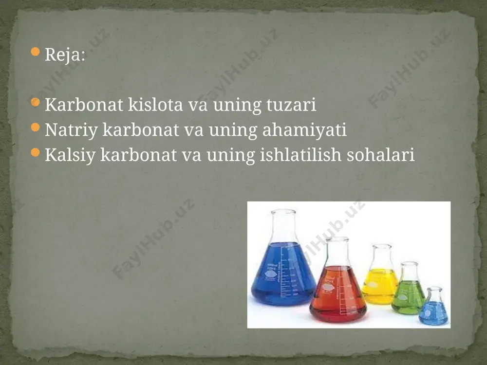 ohaktosh, magnezit, viterit qurilishda, olovbardosh materiallar ishlab chiqarishda, kimyo sanoatida xom ashyo sifatida qoʻllaniladi metallar bilan h2co3 + 2li = h2↑ + li2co3 h2co3 + 2k = h2↑ + k2co3 h2co3 + ba = baco3 + h2↑ h2co3 + ca = h2↑ + caco3 h2co3 + 2na = h2↑ + na2co3 metallmaslar h2co3 + 2nh3 = (nh4)2co3 asosli tuzlar h2co3 + na2co3 = 2nahco3 h2co3 + caco3 = ca(hco3)2 kimyoviy xossalari ishqorlar h2co3 + 2koh = k2co3 + 2h2o h2co3 + ba(oh)2 = baco3↓ + 2h2o h2co3 + ca(oh)2 = caco3↓ + 2h2o h2co3 + 2naoh (kons.) = na2co3 + 2h2o h2co3 + naoh (suyul.) = nahco3 + h2o h2co3 + mg(oh)2 = mgco3↓ + 2h2o h2co3 + 2nh4oh (kons.) = nh4hco3 + h2o (aralashmasi bilan (nh4)2co3) natriy karbonat na2co3 - suvsizlantirilgan soda sun'iy ravishda olinadi va shisha, sovun olishda, qog'oz, to'qimachilik, neft sanoatida, turmushda ishlatiladi. natriy gidrokarbonat nahco3 - …