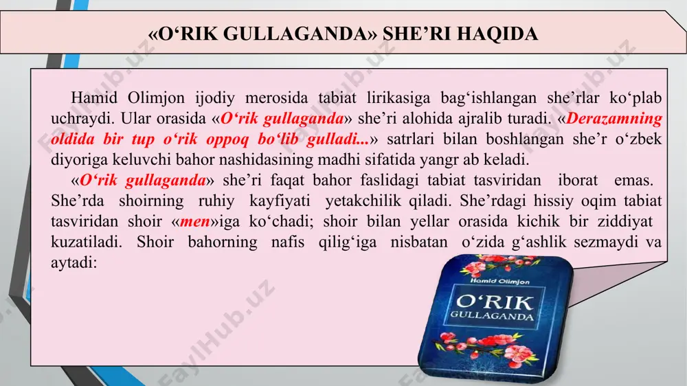 sari – tabiat go‘zalligi poymol bo‘lmasligini istaydi. bunday vaziyatlarda shoirlarning naqadar tabiatga oshufta, qalblari go‘zallikka qanchalar oshno ekanini idrok qilish lozim bo‘ladi. g‘azal na bo‘lg‘ay bir nafas men ham yanog‘ing uzra xol bo‘lsam, labing yaprog‘idin tomgan ki, go‘yo qatra bol bo‘lsam. butog‘ingga qo‘nib bulbul kabi xonish qilib tunlar, o‘pib g‘unchangni ochmoqliqqa tong chog‘i shamol bo‘lsam. bo‘yingni tarqatib olamni qilsam mast-u mustag‘riq, o‘zimning san’atimga so‘ng o‘zim hayratda lol bo‘lsam. sening birla qolib bu mast-u lol olamda men yolg‘iz, o‘zimni ham topolmay, mayliga, oxir xayol bo‘lsam. agar bog‘ingda gul bo‘lmoq mening-chun noravo bo‘lsa, kiming bor roziman qasringga, hattokim duvol bo‘lsam. boshim hech chiqmasa, mayli, malomat birla bo‘htondin, raqiblar rashkiga ko‘krak keray, mayli, qamol bo‘lsam. kezib sahro-yu vodiylar yetishsam bir visolingga, fido jonimni qildim yo‘lingga, mayli, uvol bo‘lsam. shoirning «g‘azal»i haqida hamid olimjon she’riyati o‘zbek mumtoz adiblarining pokiza ijod bulog‘idan bahramand bo‘ldi. yuqorida siz o‘qigan g‘azal shu fikrni isbot qiladi. bu ishqiy g‘azal …