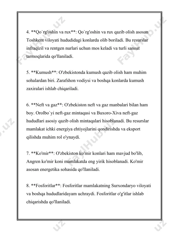 tolarni tayyorlash jarayonida qo'llaniladi. kvars bilan ishlov berilgan matolar odatda chidamli va uzun muddatli bo'ladi. kvarsning yillik ishlab chiqarish miqdori dunyo bo'ylab taxminan 70 million tonnani tashkil etadi. yuqoridagilar to'qimachilik sanoatida keng qo'llaniladigan asosiy foydali qazilmalardir. ushbu minerallar mato sifatini yaxshilash, rangni barqarorlashtirish, atrof-muhit ta'sirlariga chidamliligini oshirish kabi maqsadlarda ishlatiladi. to'qimachilik sanoati ushbu foydali qazilmalar orqali o'z mahsulot sifatini va bozordagi raqobatbardoshligini oshiradi. shu bilan birga, sifatli va uzoq muddatli matolar, kiyim-kechaklar ishlab chiqarish imkoniyatlarini kengaytiradi. 3. o'zbekistonning oltin konlari o‘zbekiston oltin konlari boyligi bo‘yicha dunyodagi yetakchi mamlakatlardan biri sanaladi. o‘zbekistondagi ko‘plab yirik konlar mamlakat iqtisodiyotiga katta hissa qo‘shib kelmoqda. mamlakat oltin zaxiralarining asosiy qismi navoiy viloyatida joylashgan. quyida o‘zbekistonning oltin konlari haqida batafsil ma’lumot beriladi. 1. **muruntov**. o‘zbekistondagi eng yirik oltin koni bo‘lgan muruntov jahonda ham eng yiriklardan biri hisoblanadi. uning zaxiralari 1700 tonnadan oshadi. muruntov koni 1967-yilda kashf etilgan va hozirgi kunda navoiy kon-metallurgiya kombinati tomonidan ishlov berilmoqda. …