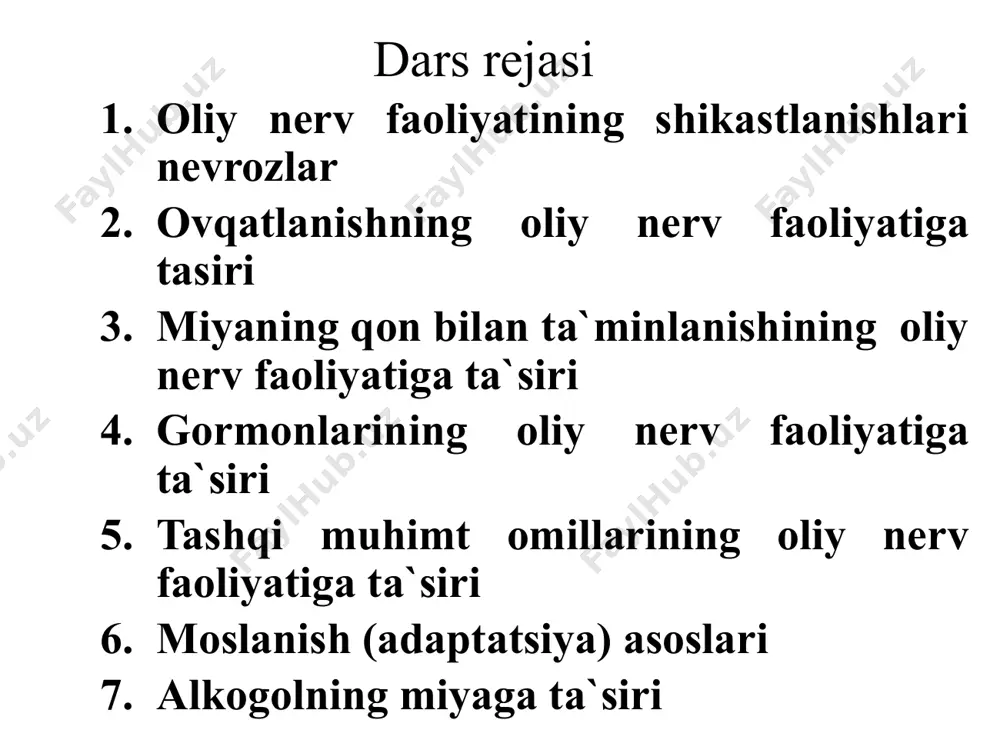 yinchiliklar, surunkali charchash asab bo`zilishlari unga sabab bo`lishi mumkin. nevrotik buzilishlar faqat oliy nerv faoliyatining buzilishi shaklida emas, balki xilma -xil vegetativ o`zgarishlar shaklida ham namoyon bo`ladi. arterial qon bosimini ortishi, hazm shiralari o`zgarishlar ana shular jumlasidandir. tajribaviy nevrozlarni o`rganish turli kasalliklar va erta qarish va boshqalarni kelib chiqish mexanizmini tushunishda yordam beradi. nevrozin davolashda dori- darmonlardan tashqari, dam olish to`yib uxlash kerak. oliy nerv faoliyatining xolati ovqatlanishga bog`liq och qolish ovqatlanish markazini kuchaytiradi, dominanta hosil qidadi. hayvon uzoq vaqt och qolsa, shartli reflekslar susuya boradi, farqlash shartli reflekslar buzuladi. hayronning vazni ikki barobar kamayadi, avval sun`iy so`ng tabiiy shartli reflekslar yo`qoladi oqvatda uglevodlarning yetishmavchiligi po`stloq hujayralarining ish qobiliyatini susaytiradi, ammo ularning qo`zg`oluvchanliga ortadi. uglevodlarni ko`p ist`emol qilish po`stloq qo`zg`aluvchanligini susaytiradi. yog`li ovqat po`stloq qo`zgoluvchangligini jarayonlarini kuchaytiradi. vitamin v1 yetishmovchiligi po`stloq hujayralarni nimjonlantiradi. qo`zg`olish tormozlanish jarayonlarini kuchsizlantiradi. ular o`rtasidagi muvozatan yo`qoladi. oqsil yetishmovchiligi asta-sekin farqlashlarning yo`qolishiga olib keladi. oqsillarni keragidan …