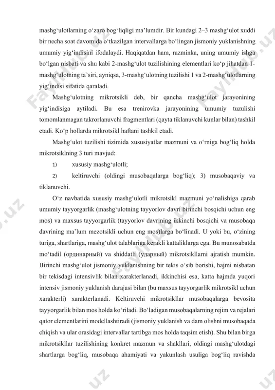 kret mazmun va shakllari, oldingi mashg‘ulotdagi shartlarga bog‘liq, musobaqa ahamiyati va yakunlash usuliga bog‘liq ravishda sportchi holati bilan aniqlanishi mumkin (masalan, yakunlanishning ba’zi usullarida so‘nggi musobaqadan oldingi mikrotsikl musobaqa mikrotsikliga nisbatan aniq kontrast chizig‘iga ega bo‘lishi mumkin). musobaqaviy mikrotsikllar musobaqaning o‘rnatilgan maxsus qoidalari va aniq reglamenti asosida chiqishlar tartibi asosida tuziladi. bu mikrotsikllar tuzilishi shunday bo‘ladiki, oldingi razminka mashg‘ulotlari va boshqa faktorlar yordamida musobaqa boshlanishi davriga kelib sportchining optimal holatini ta’minlash, navbatdagi faza uchun ish qobiliyatini o‘rnatish va maksimal darajada o‘rnatish, yordam berish (agar ular ko‘pincha uchraydigan bir xil startlardan tashkil topmasa) hamda final startlarda sportchining butun imkoniyatlaridan to‘la foydalana olishni kafolatlaydi. tiklovchi mikrotsikllar yuqori jismoniy yuklanish kuchli musobaqa yoki mashg‘ulotli mikrotsikldan keyin uchraydi. ular mashg‘ulot talablarining kamayishi, faol dam olish kunlarining ortishi, musobaqa mashqlari va tashqi sharoitlar tarkibining navbatma-navbat almashinib turishi bilan xarakterlanadi-ki, bularning to‘plami tiklovchi jarayonlarni optimallashtirishga yo‘naltiriladi. bu mikrotsikl uchun jismoniy yuklanishning nisbatan kichik bo‘lishi mos bo‘lgani …