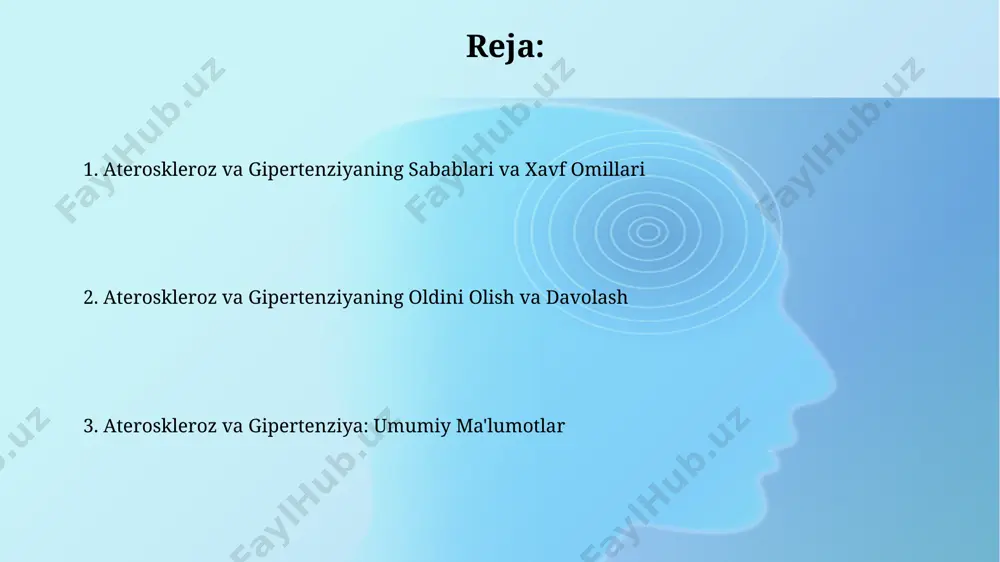 qori qon bosimi, 140/90 mm hg dan yuqori bo'lgan sistol va diastol qon bosimi ko'rsatkichlari bilan tavsiflanadigan surunkali kasallikdir. ateroskleroz nima? aterosklerozning asosiy belgilari ko'pincha yashirin bo'ladi, lekin ko'krak qafasi og'rig'i (angina pektoris), nafas qisilishi, zaiflik va charchoq kabi alomatlar paydo bo'lishi mumkin, diagnostika uchun ultrasound, angiografiya va boshqa usullar qo'llaniladi. ateroskleroz – bu qon tomirlarining ichki devorlarida xolesterin va boshqa yog'li moddalar to'planishi natijasida yuzaga keladigan surunkali kasallik bo'lib, tomirlarning torayishiga va qon oqimining buzilishiga olib keladi, infarkt va insult xavfini 3-5 baravar oshiradi. klinik ko'rinishlari aterosklerozning klinik ko'rinishlari, qon tomirlarining torayishiga bog'liq bo'lib, angina pektoris (ko'krak og'rig'i) yoki periferik arteriya kasalligi (oyoq-qo'llarda og'riq va qon aylanishining buzilishi) kabi 50 yoshdan oshganlarda tez-tez uchraydi. gipertenziya ko'pincha asemptomatik bo'lib, 140/90 mm hg dan yuqori bo'lgan qon bosimi o'lchovlarida aniqlanadi, ammo bosh og'rig'i, ko'rish buzilishi yoki nafas qisilishi kabi alomatlar ham kuzatilishi mumkin. aterosklerozning rivojlanish mexanizmi ateroskleroz rivojlanishining uchinchi bosqichida, plak …