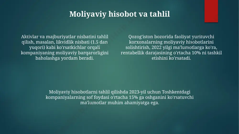 га олган ҳолда, муҳимдир. xarajatlarni boshqarish samarqanddagi chakana savdo tarmog'ida inventarizatsiya xarajatlarini 8% ga qisqartirish orqali 2024 yil uchun rejalashtirilgan 2 million so'm miqdoridagi mablag'ni tejashga erishildi. xorazm viloyatidagi zavodda xarajatlarni tahlil qilish natijasida 10% ga energiya sarfini kamaytirish bo'yicha takliflar ishlab chiqildi, bu yiliga 3 million so'm tejashi mumkin. moliyaviy menejer toshkentdagi kompaniya uchun 2023 yilda 15% ga xarajatlarni kamaytirish strategiyasini ishlab chiqdi, bu esa 5 million so'm tejashga olib keldi. aktivlarni boshqarish xorazmda joylashgan kompaniya aktivlarining optimal tuzilmasini ta'minlash maqsadida, qarz majburiyatlarining 25% dan oshmasligini va aktivlarning rentabelligini yillik 10% ga yetkazishni maqsad qilib qo'yadi. aktivlarni boshqarishda, masalan, toshkentdagi yirik korxona 15% gacha aktivlarni qisqa muddatli investitsiyalar ko'rinishida joylashtirib, likvidlikni ta'minlaydi va 2024 yil uchun moliyaviy rejalashtirishda foydalanadi. samarqand viloyatidagi korxona aktivlarining 30% dan ortig'i asosiy vositalarni tashkil etadi, ularning amortizatsiya muddati va samaradorligi muntazam monitoring qilinadi va bu ma'lumotlar 5 yillik strategik rejaga kiritiladi. xavflarni boshqarish xavflarni …