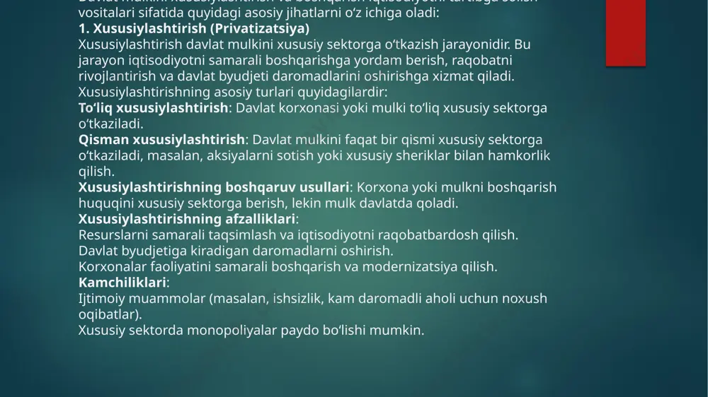 anada erkinlashtiradi.ommaviy xizmatlar (masalan, transport, energetika) sifatini oshirish va ularga raqobatbardoshligini ta’minlash. 3. tartibga solish va nazorat qilish iqtisodiyotni tartibga solishning asosiy vositalari quyidagilardan iborat: raqobatni qo‘llab-quvvatlash: yangi bozor o‘yinchilarini jalb qilish, monopoliyalarni oldini olish va raqobatbardosh muhit yaratish. narxlarni tartibga solish: maxsus sohalarda (masalan, tabiiy monopoliyalarda) narxlarnidavlat tomonidan nazorat qilish. ishlab chiqarish va xizmatlarning sifati va xavfsizligini nazorat qilish: tovarlar va xizmatlarning sifatini, xavfsizligini ta’minlash uchun me'yoriy hujjatlar ishlab chiqish. nazorat va tartibga solishning afzalliklari: bozorning ishonchli ishlashini ta'minlash.tashqi salbiy ta'sirlar (masalan, atrof-muhit ifloslanishi yoki jamoat salomatligi xavf-xatarlari)ni kamaytirish. 4. davlat byudjeti va iqtisodiyotni moliyalashtirish xususiylashtirish jarayonlari natijasida davlat mulkini sotishdan tushgan daromadlar davlat byudjetiga kiradi. bu esa davlat tomonidan taqdim etiladigan ijtimoiy xizmatlarni moliyalashtirish va boshqa iqtisodiy islohotlarni amalga oshirishga yordam beradi. 5. ijtimoiy barqarorlikni ta’minlash xususiylashtirish va boshqaruv islohotlari o‘zgarishlarni olib kelishi mumkin, shuning uchun ijtimoiy barqarorlikni saqlab qolish muhimdir. buning uchun davlat ijtimoiy yordam dasturlarini va …
