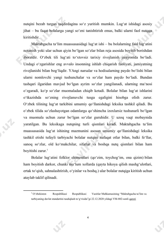 ari (qo‘zim, toychog‘im, ona qizim) bilan ham boyitish darkor, chunki ma‘lum xollarda (qayta hikoya qilish mashg‘ulotlari, ertak to‘qish, sahnalashtirish, o‘yinlar va boshq.) ular bolalar nutqiga kiritish uchun ataylab taklif qilinadi. i.bob. lugʻat bilan ishlash tamoyillari 1.1. taʼlimiy lugʻat yaratish tamoyillari. lug’at – bu ma‘lum bir til so’zlarining muayyan bir maqsad, mavzu ostida jamlangan yig’indisidir. so’zni to’g’ri yozishda, ma‘nosini, etimologiyasini aniqlashda, tarkibini tahlil qilishda, jumla tuzishda, biror tushuncha haqida qo’shimcha ma‘lumot olishda lug’atlar yordamga keladi. lug’atlar o’quvchining fikrlash qobiliyatini kengaytiradi, fanning turli sohalari, texnika, san‘at, adabiyot, nutq madaniyatini egallashda, milliy madaniyatni o’zlashtirishda muhim rol o’ynaydi. taniqli fransuz yozuvchisi a.frans lug’atlar haqida to’xtala turib «…lug’at – alfavit tartibida joylashtirilgan xazina. agar yaxshiroq o’ylab ko’radigan bo’lsak, lug’at – bu kitoblarning kitobi. u boshqa barcha kitoblarga yo’l ochadi…» degan edi. lug’atlar sivilizatsiya yo’ldoshi, milliy til xazinasi hamdir. «har qanday so’z, - yozgan edi xix asr tilshunosi, akademik i.i.sreznevskiy, - xalq o’tmishidan darak beradi. so’zda …