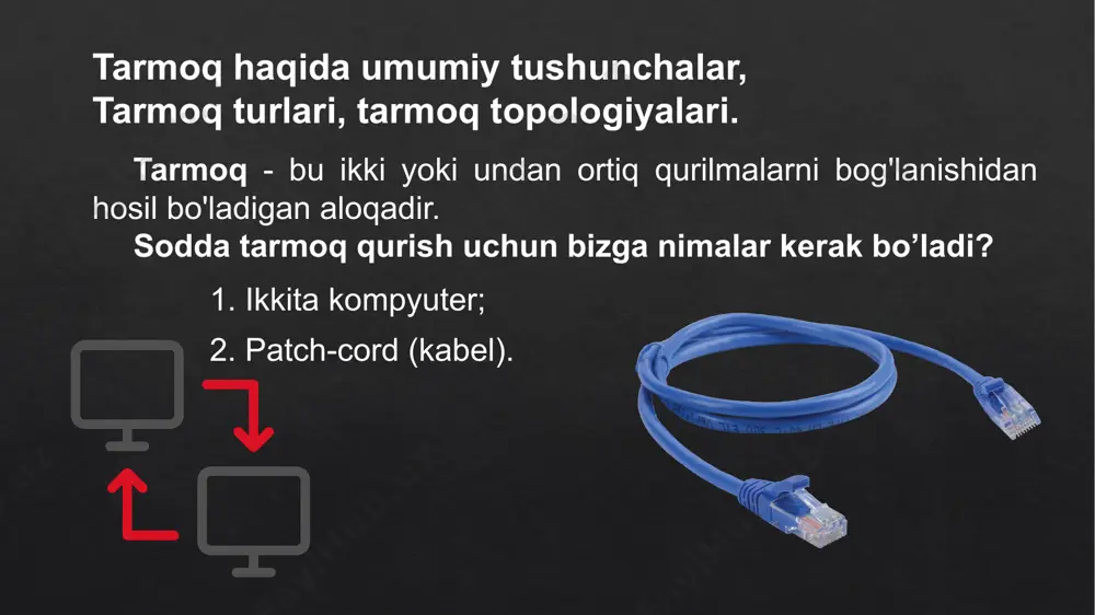 deman biz ishni muvaffaqiyatli bajargan bolamiz. aks holda esa yoq! osi model tarmoqni ishlashi uchun bizga osi modeli va tcp/ip protokollar steki zarur hisoblanadi. osi (open system interconnection) modeli 7ta pog'onadan iborat va har bir pog'ona paket (ma'lumot uzatishning bir turi hisoblanadi) hosil qilishda o'z belgisini qo'yib boradi. ya'ni bunda agar ma'lumot biror qurilmadan chiqib ketishdan oldin 7-pog'onadan boshlab pastki pog'onaga tushib borib paket ko'rinishiga keladi va uzatiladi. ikkinchi kompyuter uni qabul qilib olgandan so'ng esa 1-pog'onadan boshlab yuqoriga qarab chiqib boradi va ma'lumot ko'rinishiga keladi. bunda agar qaysidir pog'onada xatolik bo'lsa, paket qaytadan so'raladi yoki so'rov bekor qilinadi osi modelni toliqroq organish tavsiya qilinadi va yuqidagi havolada toliq ma’lumot olasiz: https://ru.wikipedia.org/wiki/%d0%a1%d0%b5%d1%82%d0%b5%d0%b2%d0%b0%d1%8f_%d0%bc%d0%be%d0%b4%d0%b5%d0%bb%d1%8c_osi etiboringiz uchun raxmat taqdimot networking kanali uchun maxsus youtube kanali online darslar uchun: “murodali narzullaev” telegram kanali: t.me/uznetworking image6.jpeg image7.png image8.png image9.jpg image10.png image11.png image12.png image13.png image14.png image15.png image16.png image17.png image18.png image19.jpg image20.jpeg image21.jpeg image22.jpeg image3.png image23.jpeg image24.png …