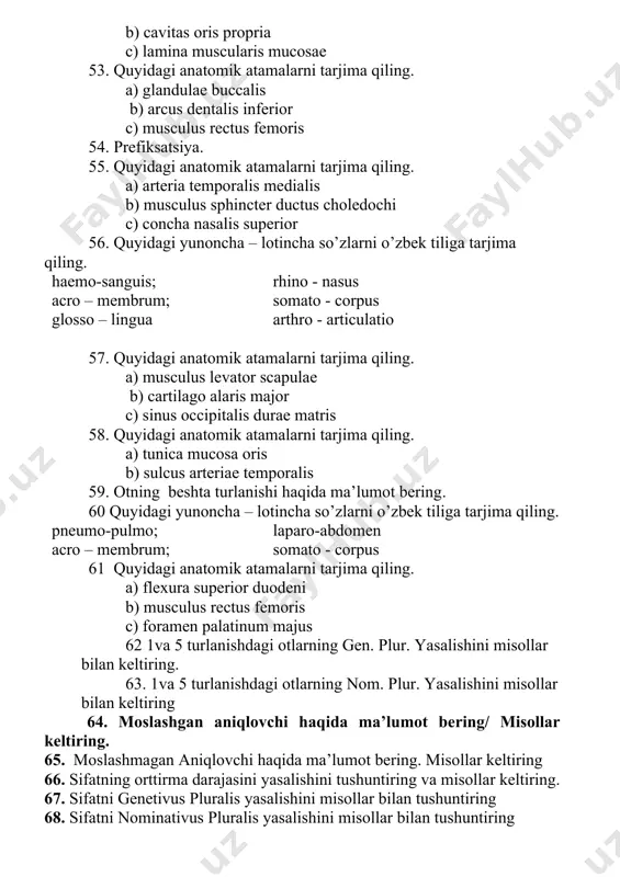 lovchi haqida ma’lumot bering. misollar keltiring 66. sifatning orttirma darajasini yasalishini tushuntiring va misollar keltiring. 67. sifatni genetivus pluralis yasalishini misollar bilan tushuntiring 68. sifatni nominativus pluralis yasalishini misollar bilan tushuntiring 69. fe’l va uning grammatik kategoriyalari haqida ma’lumot bering 70. fe’lning negizi haqida ma’lumot bering. 71. fe’lning buyruq mayli yasalishini misollar bilan tushuntiring. 72. fe’lning shart mayli yasalishini misollar bilan tushuntiring. 73. farmatsevtika bo’limi nimalarni o’rganadi 74. dori shakllari haqida ma’lumot bering 75. retsept