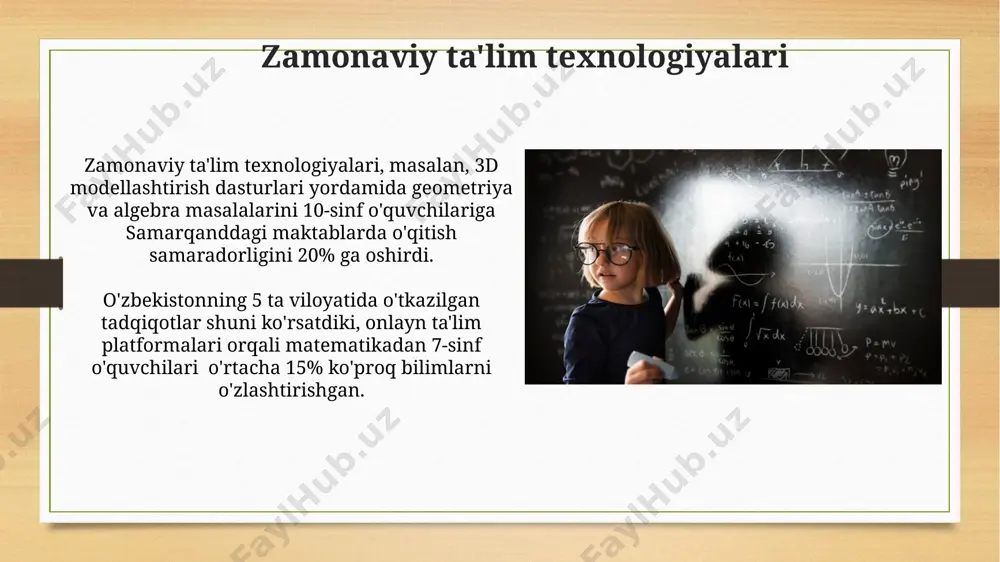 1000 dan ortiq matematik masalalarni interaktiv ravishda hal qilish imkoniyatini beradi va shu orqali o'quvchilarning tushunchasini chuqurroq oshirishga yordam beradi. o'zbekistonning 5 ta yirik shahrida joylashgan maktablarda interaktiv doskalardan foydalanish natijasida matematik fanidan o'qitish sifati 25% ga oshganligi haqida tadqiqotlar mavjud. bu raqamlar aktning ta'sirini ko'rsatadi. muammoli o'qitish muammoli oʻqitish 5-11 yoshdagi bolalar uchun matematik muammolarni hal qilish koʻnikmalarini rivojlantirishda samarali boʻlib, ularning mantiqiy fikrlashini va muammolarni tahlil qilish qobiliyatini 20% ga oshirishga yordam beradi. muammoli oʻqitishda oʻquvchilarga 2-3 ta turli xil matematik muammolar taklif etiladi, bu esa ularning muammolarni turli xil usullar bilan hal qilish qobiliyatini rivojlantiradi va samarkanddagi eksperimental guruhlarda sezilarli natijalar berdi. matematikadan amaliy mashg'ulotlar toshkent shahridagi 7-maktabda 10-sinf oʻquvchilari bilan algebra boʻyicha oʻtkazilgan amaliy mashgʻulotlarda, 25 ta murakkab misol yechish orqali oʻquvchilarning muammo hal qilish koʻnikmalarini rivojlantirishga eʼtibor qaratildi. matematikaning amaliy mashgʻulotlarida 5-sinf oʻquvchilari uchun geometrik shakllarni oʻrganishda samarqanddagi maktablarda 3d printerlardan foydalanish samaradorligini oshirishga oid …
