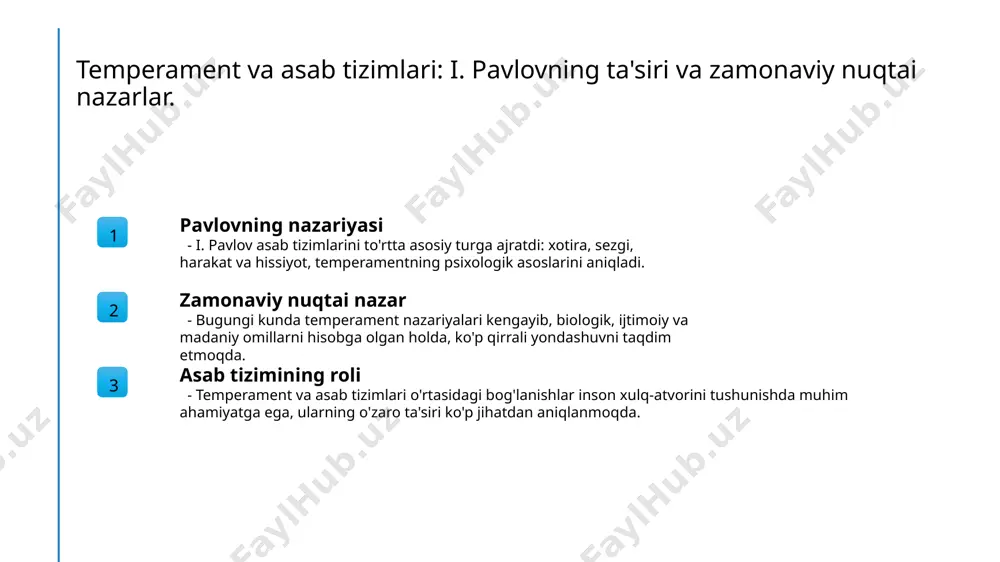 gi metodologiyalar va usullar. asab tizimlari metodi asab tizimlarini o'rganish uchun biologik va psixologik metodlar qo'llaniladi, buning ichida eksperimental va kuzatuv metodlari muhim rol o'ynaydi. temperamentni baholash temperamentni aniqlashda psixologik testlar, anketalar va sifatli usullar ishlatiladi, bu esa natijalarni yanada aniqroq qilish imkonini beradi. zamonaviy tadqiqotlar zamonaviy tadqiqotlar neuropsikologik va genetik usullar bilan temperamentni o'rganishni kengaytirmoqda, bu esa asab tizimining asosiy xususiyatlarini yoritishga yordam beradi. xulosa 1 pavlov nazariyasi asoslari i. pavlov asab tizimlari va temperament nazariyasida biologik asoslar muhim o'rin tutadi. ularning xulq-atvorga ta'siri zamonaviy psixologiyada o'rganilmoqda. 2 temperament turlari temperamentning asosiy turlari, masalan, sanguin, melanholik, xolerik va flegmatik, inson xulq-atvorini shakllantirishda muhim rol o'ynaydi. bu turlar individual farqliliklarni belgilaydi. 3 zamonaviy yondashuvlar zamonaviy temperament nazariyalari yangi metodologiyalarni o'z ichiga olib, madaniy va ijtimoiy kontekstdagi o'zgarishlarni hisobga oladi. bu, psixologiya sohasida davom etayotgan tadqiqotlar uchun muhimdir. foydalanilgan adabiyotlar 1. i. pavlov. nerv tizimlari turlari va temperament. o'zbekiston respublikasi fanlar …