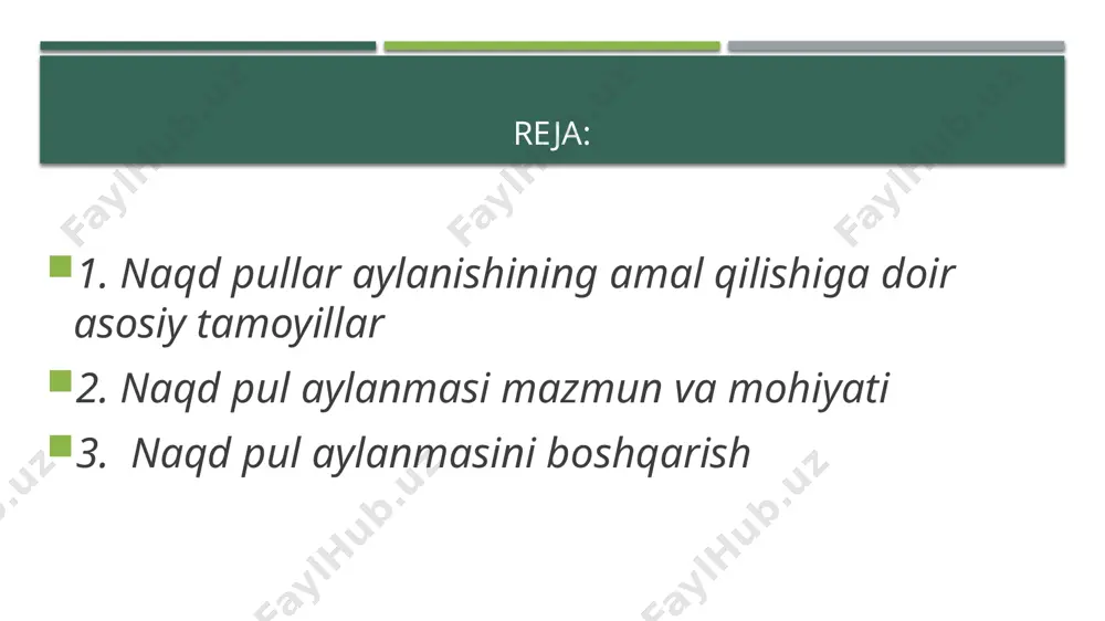 jorat banklarining xizmatlaridan foydalanishga majbur bo‘ladilar. moliya vazirligi byudjet tashkilotlari xarajatlarini naqd pulsiz shaklda moliyalashtrib beradi. moliyalashtrilgan summaning naqd pul ta’minoti markaziy bank tomonidan amalga oshirilinadi. markaziy bank inkassatsiya xizmati orqali naqd pulni tijorat banklariga etkazib beradi. etkazib berilgan naqd pulning naqd pulsiz ekvivalienti tijorat bankining hisob raqamidan echib oladi pul aylanmasining tarkibi quyidagi qismlardan tashkil topadi markaziy bank va tijorat banklari o‘rtasidagi naqd pul aylanmasi. tijorat banklari o‘rtasidagi naqd pul aylanmasi banklar va ularning mijozlari o‘rtasidagi naqd pul aylanmasi. (barcha naqd pul ko‘rinishidagi pullarini tijorat banklariga topshirishlari shart.tijorat banklari o‘z mijozlariga naqd pul puldagi xarajatlarini moliyalashtrish uchun naqd pullar beradi: (ish haqi, mukofot, mehnat ta’tili pullari va boshqalar.) tashkilotlar bilan tashkilotalar o‘rtasidagi naqd pul aylanmasi tashkilotlar va ularning xodimlari o‘rtasidagi naqd pul aylanmasi fuqarolar o‘rtasidagi naqd pul aylanmasi. naqd pul aylanmasini tashkil qilish quyidagi prinsiplar asosida amalga oshiriladi 1. naqd pul aylanmasini tashkil qilish va tartibga solishni me’yoriy huquqiy …