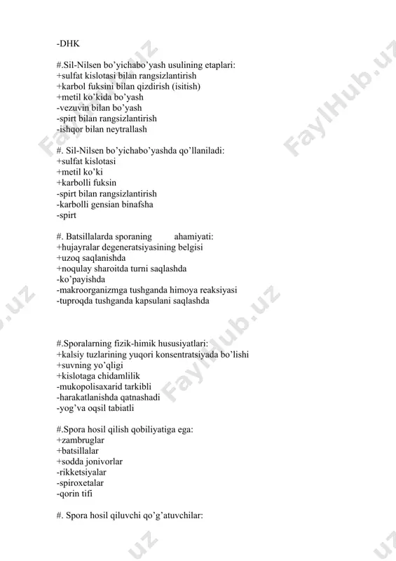 n bilan -dnk tutishi -lizosoma tutishi #. l.paster qanday yangiliklar ochgan? +bijg’ish jarayonida mikroblarni qatnashini isbotladi +kuydirgi yarasiga qarshi vaksina ishlab chiqdi +qutirishga qarshi vaksina ishlab chiqdi -immunoglobulnnlorini ochib berdi -fagotsitoz teoriyasini yaratdi -milliymuloqotni yaxshiladi #. r.kox qanday yangiliklar ochdi: +mikroblar uchun qattik muhitlar ishlab chiqdi +imersion mikroskopni joriy qildi +osilgan tomchi preparatini joriy qildi -fagasitoz yaratdi -sterilizatsiya usullarini ishlab chiqdi -immun testlarni joriy qildi #.prokariotlarning tuzilishida eukariotlardan asosiy farqi: +yadro kobigi yoq’ +goldji apparati yoq’ +mitoxondriya yoq’ -ribosrmasi yoq’ -hammasi bor -mezasoma yoq’ #. eubakteriyalar uchun harakterli bo’lgan o’ziga hoslikni ko’rsating: +ribosomalari 70 s ra gegishli +shakllanmagai yadro ga ega +hujayra dovori peptidoglikan tutadi -ribosomalari 80 s ga tegishly -tinktorial o’ziga hoslikni ko’rsatadi -shakllangan yadro tutadi #. prion guruhiga kiruvchi mikroorganizmlarning o’ziga hosligi: +nukleoid tutmaydi +mnsda degenerativ o’zgarish qo’zg’aydi +mayda infeksion oqsillar -asosan ichaknishikastlaydi -nukleoid tutadi -nukleoid tutadi #. prokariot podsholigiga kiruvchi mikroblanni ko’rsating: +aktinomitsetlar +rikketsiyalar +hlamidiylar -zambruglar -sodda …