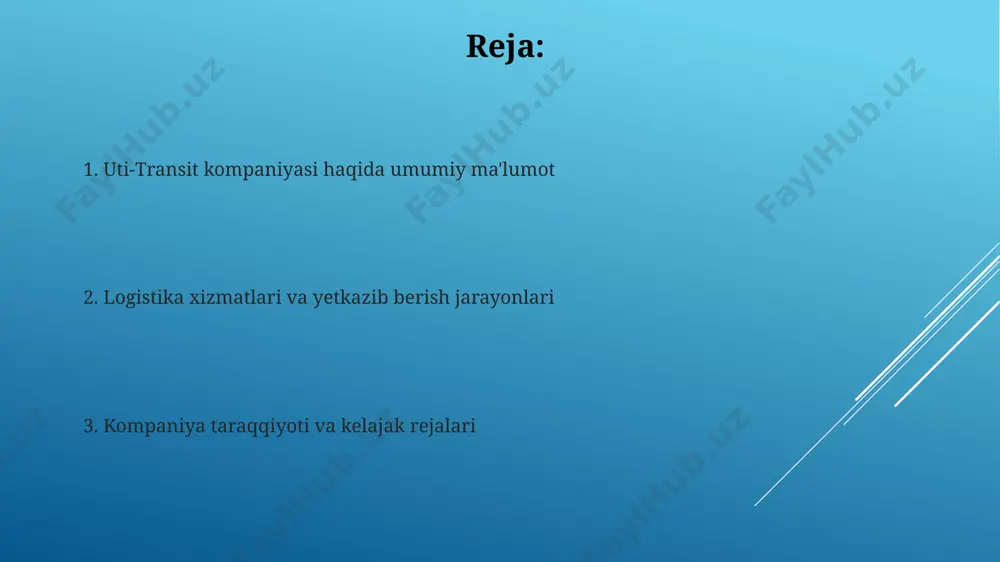 'llash va yuklarni himoya qilish uchun maxsus uskunalarni sotib olish. mijozlar bilan bog'liq muammolar, jumladan, 10% da'volar va 12% qaytarilgan yuklar, asosan, noto'g'ri ma'lumot berish va yetkazib berish shartlarining aniq emasligi bilan bog'liq. buning yechimi sifatida mijozlar bilan aloqa sifatini yaxshilash va shartnomalarni yanada aniqroq tuzish kerak. xavfsizlik va sifat nazorati uti-transit kompaniyasining xavfsizlik tizimi 3 bosqichli tekshiruvdan iborat bo'lib, yuklarning 98% ga yaqini yetkazib berishdan oldin sifat nazoratidan o'tadi. uti-transit yuk tashish jarayonida 0,5% dan kamroq shikastlanish holatlarini qayd etadi, bu esa yuqori darajadagi xavfsizlik va sifatni ta'minlaydi. savol-javoblar uti-transit kompaniyasi mijozlarga yiliga o'rtacha 5000 dan ortiq yuk tashish xizmatlarini taqdim etadi, bu esa kompaniyaning yuqori ishonchlilik koeffitsiyentini va keng miqyosdagi operatsiyalarni ko'rsatadi. kompaniya 95% mijozlarning ijobiy fikr-mulohazalarini qayd etgan bo'lib, bu esa yuqori sifatli xizmat ko'rsatish va muammolarni samarali hal qilishni ta'kidlaydi. mijozlar bilan ishlash tizimi mijozlarga individual yondashuvni ta'minlash maqsadida, kompaniya har bir buyurtma uchun shaxsiy menejer …