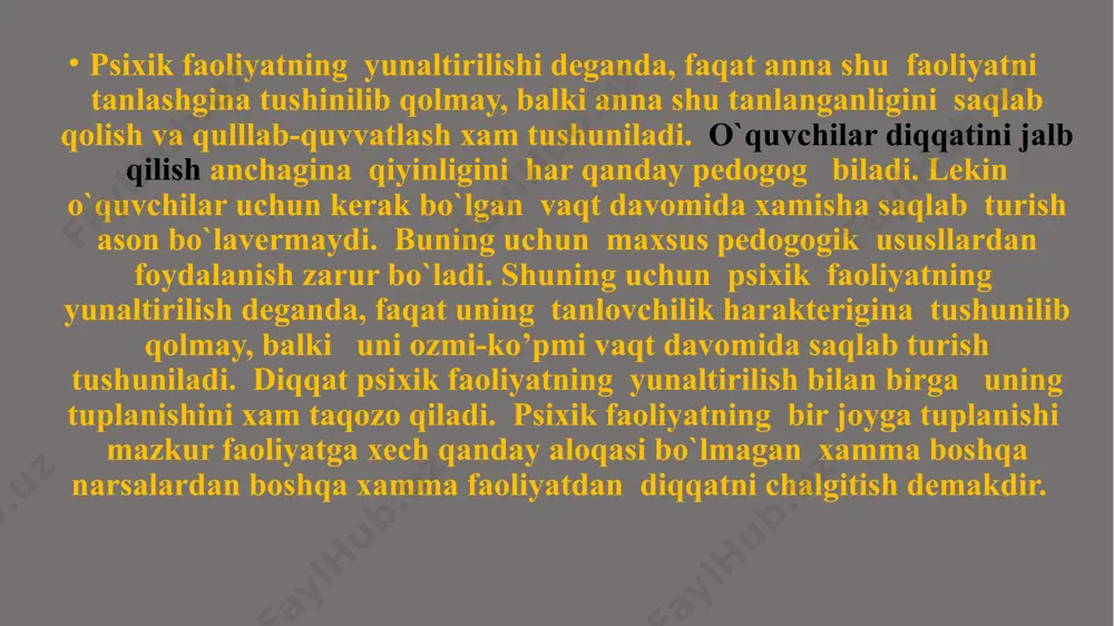 iz ko’pincha to’lqinsimon,yani goho kuchayib,goho pasayib,tebranib turadi.chunki diqqatimizni bir joyga yig’ib,uni soatning tiqillashiga qaratsak,uning ovozi goh qattiq,goh sekin ishitiladi.oq rangli buyum ustidagi kichkina qora dog’ga tikilib qarab tursak diqqatimiz taxminan 4-5daqiqadan keyin chalg’ib ketadi. ammo bir ish jarayonida diqqatimizning turg’unligi shu ish ustida to’xtovsiz toplanib turishi 10-20, hatto 40 daqiqagacha bora oladi . diqqatning ko’lami odamlar o’z diqqatlarining ko’lami jihatidan ham bir-birlaridan farq qiladilar. yana ayni zamonda idrok qilinadigan narsalarning soni diqqatning ko’lamini belgilaydi. diqqatning ko’lami keng yoki tor bo’lishi mumkin. diqqatning bu xususiyatini tekshirmoq uchun odatda taxistaskop nomli maxsus asbobdan foydalanadi. bu asbobning tuzilishi soda bo’lib,u tikka qilib qo’yilgan taxta o’rtasida maxsus mexanizim orqali ochilib yopilayotgan ekandan iboratdir. ekraning orqasiga 5-6 harf raqam yoki mayda buyumlar qator qoyiladi va ekran juda tez [daqiqaning 1\10 davomida ] ochib yopiladi. mana shu vaqt ichida ! o’quvchi qancha ko’p narsani birdaniga idrok qilsa olishi tekshiriladi.masaln,buyumlarnihg 4-5 tasini aytib bera olsa, uning diqqan …