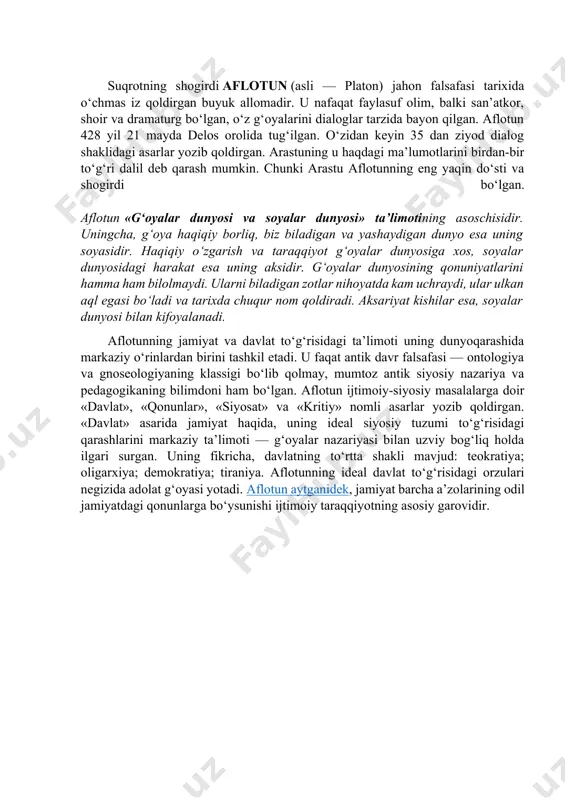 uchun ruhoniylar uni dahriylikda hamda yoshlarni axloqan buzishda ayblaganlar. unga shunchaki ayb emas, siyosiy ayb qo‘yilgan. garchand qutilish imkoni bo‘lsa-da, qonun va jamiyat tartiblarini nihoyatda qattiq hurmat qilganligi bois, u jazodan qochishni istamagan va bir qadah zahar ichib o‘lgan. suqrot va uning tarafdorlari jamiyat qonunlariga, ular qanday bo‘lishidan qat’i nazar, so‘zsiz itoat etishni targ‘ib etganlari g‘oyatda ibratlidir. holbuki, suqrot va uning shogirdlari afinada amal qilgan qonunlarni noto‘g‘ri va adolatsiz deb hisoblagan hamda ularni qattiq tanqid qilgan, ammo, shunday bo‘lsa-da, ularga bo‘ysungan. shu ma’noda, suqrot o‘zini aybdor deb topgan, sud hukmiga itoat etgan va o‘zini uning ixtiyoriga topshirgan. «aflotun mening do‘stim, ammo qonun do‘stlikdan ustun turadi», degan hikmatli ibora o‘sha davr ma’naviyatining yaqqol ifodasidir. suqrot o‘z ta’limotini og‘zaki ravishda ko‘cha-ko‘yda, maydonlarda, xiyobonlarda shogirdlari va izdoshlari bilan birga shakllantirgan va xalq ongiga singdirishga harakat qilgan, lekin bironta ham asar yozmagan. uning falsafiy, axloqiy ta’limotlari mohiyatini shogirdlari ksenofan, aristofan va aflotunlarning asarlaridan bilib …