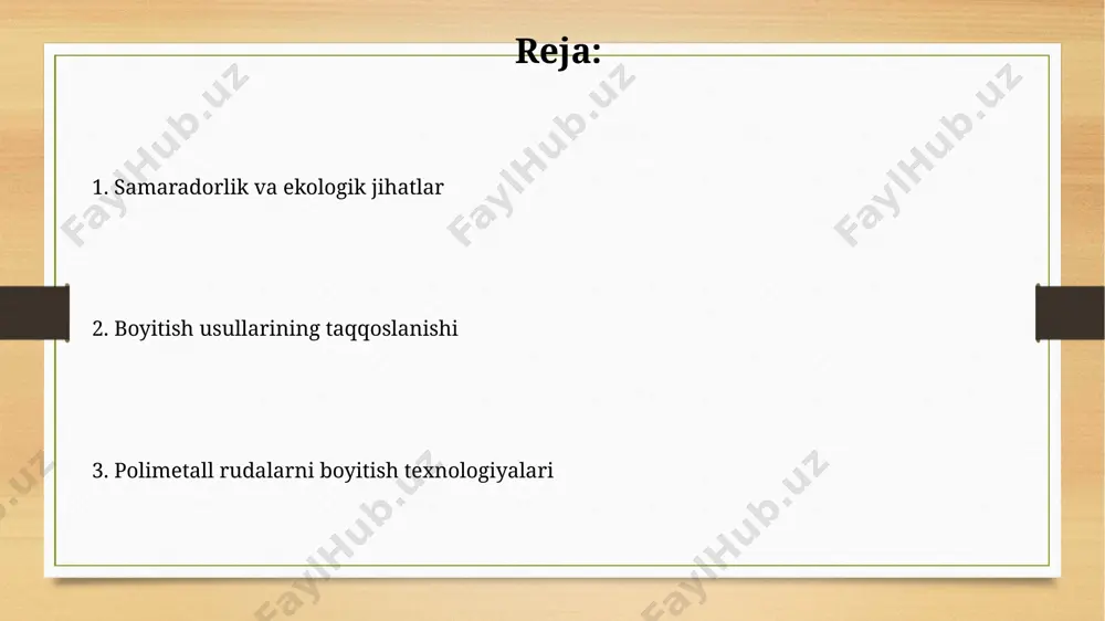 tr) ajratishda samarali boʻlib, turli xil zichlikdagi minerallarni ajratishga imkon beradi. tsentrofugali gidroseparatorlar 5000 g gacha boʻlgan tezlikda ishlaydi va nozik donali polimetall rudalarini boyitishda yuqori samaradorlikni taʼminlaydi, bir necha ming tonnani qayta ishlash quvvatiga ega. magnitli boyitish usullari magnitli separasiya jarayonida, 1 tonna ruda uchun o‘rtacha 1-2 kvt/soat elektr energiyasi sarflanadi, bu esa energiya tejaydigan texnologiya sifatida qaralishi mumkin. kuchli magnit maydonlaridan foydalanish, temir rudalarini boyitishda 2-3 baravar ko‘proq konsentratni olish imkonini beradi va bu esa iqtisodiy jihatdan foydali hisoblanadi. flotatsion boyitish usullari flotatsiya usullarida, taxminan 10-15 mikrometrli zarrachalar flotatsiya jarayoniga faol ishtirok etadi, katta va mayda zarrachalar esa kamroq samarali boʻladi. boyitishning turli bosqichlarida ph ning 7 dan 11 gacha oʻzgarishi turli metallarning selektiv flotatsiyasi va minerallarning ajralishini taʼminlaydi. e'tiboringiz uchun rahmat @taqdimot_robot image7.jpg image8.jpg image9.jpg image10.jpg image11.jpg image12.jpg image13.jpg image3.png image4.png