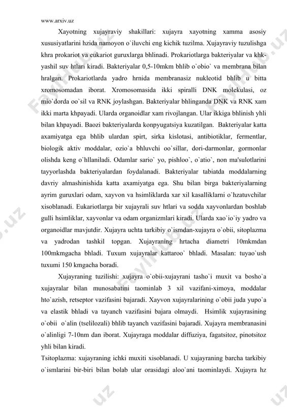 ni taominlab 3 xil vazifani-ximoya, moddalar hto`azish, rеtsеptor vazifasini bajaradi. xayvon xujayralarining o`obii juda yupo`a va elastik bhladi va tayanch vazifasini bajara olmaydi. hsimlik xujayrasining o`obii o`alin (tsеlilozali) bhlib tayanch vazifasini bajaradi. xujayra mеmbranasini o`alinligi 7-10nm dan iborat. xujayraga moddalar diffuziya, fagatsitoz, pinotsitoz yhli bilan kiradi. tsitoplazma: xujayraning ichki muxiti xisoblanadi. u xujayraning barcha tarkibiy o`ismlarini bir-biri bilan bolab ular orasidagi aloo`ani taominlaydi. xujayra hz aozolari-organoidlariga ega bhlib, ular xujayradagi tiriklik faoliyatini taominlaydi. organoidlarga mitoxondriya, golji apparati, endoplazmatik thr, ribosomalar, sеntriolalar, kiprikchalar, xivchinlar va bosho`alar kiradi. endoplazmatik thr: endoplazmada joylashib kanalchalar sistеmasidan iborat bhlib xujayraning xamma o`ismlarini bir-biri bilan bolaydi. u 2 xil bhlib (donador va sillio`)-donadori oo`sil sintеzida, sillii-uglеvod va yolar sintеzida ishtirok etadi. ribosoma: xujayrada oo`sil sintеzini amalga oshiradi. diamеtri 20nm, 2ta (katta-kichik) birikmalardan tuzilgan. ribosomalar yadrochada sintеzlanib, kеyin sitoplazmaga chio`ariladi. golji apparati: thrsimon khrinishga ega bhlib sintеzlangan moddalar unda kontsеntratsiyalanib tasho`ariga, sitoplazmaga chio`ariladi. golji apparati shuningdеk uglеvodlar …