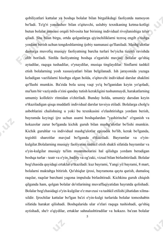 uruh bilan mashg'ulotlar bo'lishi mumkin. kichik guruhlar va individual mashg'ulotlar epizodik bo'lib, kerak bo'lganda, tegishli sharoitlar mavjud bo'lganda o'tkaziladi. bayramlar va o'yin-kulgilar.bolalarning musiqiy faoliyatini tashkil etish shakli sifatida bayramlar va o'yin-kulgilar musiqiy ta'lim muammolarini hal qilishga yordam beradigan boshqa turlar - teatr va o'yin, badiiy va og'zaki, vizual bilan birlashtiriladi. bolalar bog'chasida quyidagi ertaklar o'tkaziladi: kuz bayrami, yangi yil bayrami, 8 mart, bolalarni maktabga bitirish. qo'shiqlar ijrosi, bayramona qayta qurish, dumaloq raqslar, raqslar barchani yagona impulsda birlashtiradi. kichkina guruh chiqish qilganda ham, qolgan bolalar do'stlarining muvaffaqiyatidan hayratda qolishadi. bolalar bog'chasidagi o'yin-kulgilar o'z mavzusi va tashkil etilishi jihatidan xilma-xildir. ijrochilar kattalar bo'lgan ba'zi o'yin-kulgi turlarida bolalar tomoshabin sifatida harakat qilishadi. boshqalarida ular o'zlari raqsga tushishadi, qo'shiq aytishadi, she'r o'qiydilar, ertaklar sahnalashtiradilar va hokazo. ba'zan bolalar ham, kattalar ham birgalikda ijro etishadi. bolalar bog'chasi kundalik hayotida musiqa.ochiq o'yinlar, turli tadbirlar, yurishlar, ertalabki mashqlar, musiqa ma'lum bir kayfiyatni yaratadi, umumiy tajribalar bilan birlashadi …