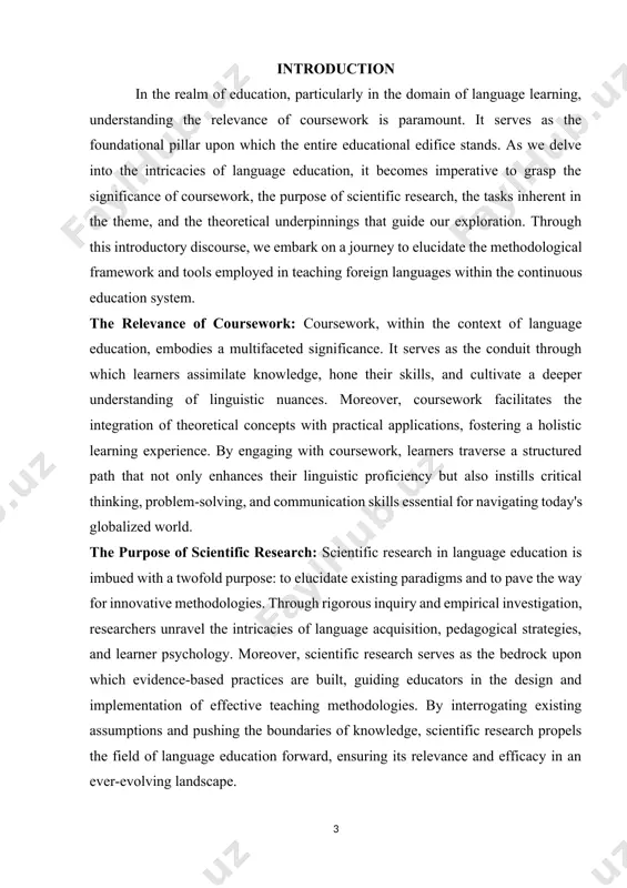 linguistic proficiency but also instills critical thinking, problem-solving, and communication skills essential for navigating today's globalized world. the purpose of scientific research: scientific research in language education is imbued with a twofold purpose: to elucidate existing paradigms and to pave the way for innovative methodologies. through rigorous inquiry and empirical investigation, researchers unravel the intricacies of language acquisition, pedagogical strategies, and learner psychology. moreover, scientific research serves as the bedrock upon which evidence-based practices are built, guiding educators in the design and implementation of effective teaching methodologies. by interrogating existing assumptions and pushing the boundaries of knowledge, scientific research propels the field of language education forward, ensuring its relevance and efficacy in an ever-evolving landscape. the tasks of the theme: within the context of teaching foreign languages in the continuous education system, the theme encompasses a myriad of tasks aimed at fostering comprehensive language proficiency and cultural literacy. these tasks …