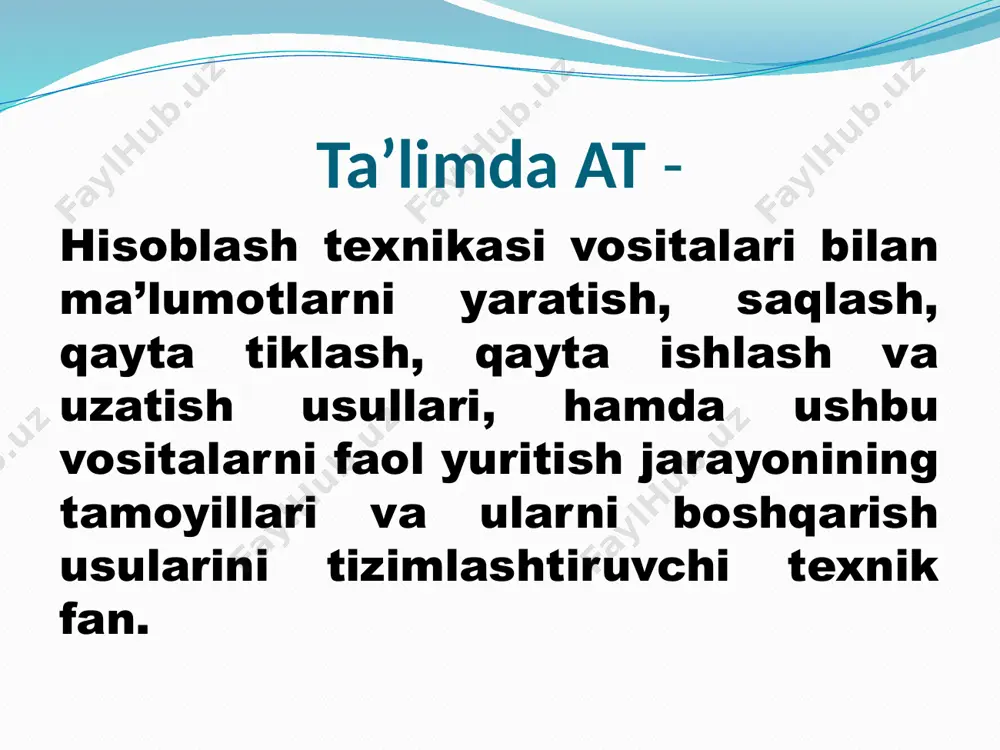 isoblanadi, bir bit bu bitta “1” yoki bitta “0”. bunda signalning mavjudligi “1” bilan yoki yo’qligi “0” bilan ifodalanadi. bitlarning butun deb qaraladigan tutash ketma-ketligi bayt deb ataladi. bayt 8 bitga teng deb qabul qilingan. shuningdek katta hajmdagi ma’lumotlar sig’imini o’lchash uchun kilobayt (kb), megabayt (mb), gigabayt (gb), terrabayt (tb) va h.k.o’lchamlar mavjud: бирлик ўқилиши қиймати 1 bayt bayt 8 bit 1 kbayt kilobayt 1024 bayt (210) 1mbayt megabayt 1024 kbayt =1 048 576 bayt (220) 1gbayt gigabayt 1024 mbayt = 1 073 741 824 bayt (230) 1tbayt terabayt 1024 gbayt =1 099 511 697 776 bayt (240) 1pbayt petabayt 1024t bayt = 125 899 978 522 624 bayt (250) 1ebayt eksabayt 1024 pbayt= 1 152 921 504 606 846 976 bayt (260) 1zbayt zetabayt 1024e bayt = 1 180 591 620 717 411 303 424 bayt (270) 1ybayt yottabayt 1024 zbayt = 1 208 925 819 614 629 174 …