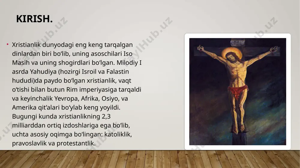 osimlarini qabul qiladilar. boshqa marosimlar, masalan, tavba qilish va ruhoniylik, rad etilgan.ruhoniylar va oddiy kishilar tengligi: protestantlar ruhoniylarning yuksak darajadagi vakolatini inkor qiladilar va barcha mo‘minlarning tengligi tamoyilini ilgari suradilar. tarixiy rivojlanish:1517 yilda martin lyuterning 95 tezisi orqali boshlangan reformatsiya, germaniyada va butun yevropada katolik cherkoviga qarshi chiqish harakatlarini kuchaytirdi.protestantlik bir nechta oqimlarga bo‘lindi, masalan, luteranlik, kalvinizm, anglikanizm va baptistlar.protestantlar ayniqsa shimoliy amerika, germaniya, skandinaviya va britaniya orollarida keng tarqaldi. xulosa xristianlik tarixi davomida uchta asosiy yo‘nalish — katoliklik, pravoslavlik va protestantlik — turli vaqtlarda shakllanib, bugungi kunda dunyo miqyosida keng yoyilgan va ulkan diniy va madaniy merosga ega. har bir oqim o‘ziga xos diniy ta’limotlar, ibodat shakllari va madaniyatga ega bo‘lsa-da, ularning barchasi iso masihga bo‘lgan ishonchni markaziy e’tiqod sifatida qabul qilishadi. foydalanilgan adabiyotlar. gill, robin. the cambridge companion to christian ethics. cambridge, uk: cambridge university press, 2001. isbn 978-0-521-77918-0. gunton, colin e.. the cambridge companion to christian doctrine. …