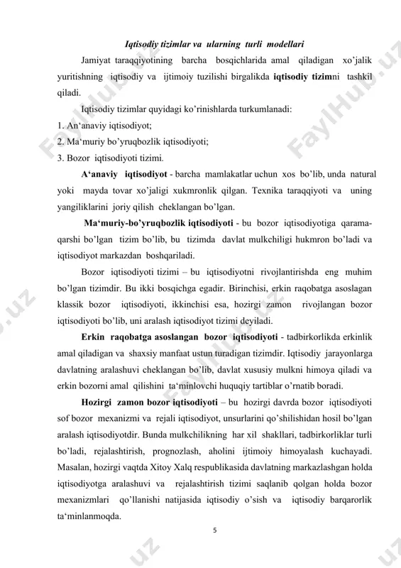 a kishilarni narsalarga va barcha moddiy va nomoddiy borliqqa munosabatining paydo bo’lishi mulkchilikni keltirib chiqaradi. aytish mumkinki, mulkchilik munosabatlari – bu iqtisodiy va doimiy kategoriya bo’lib, bu mulkka egalik qilish, foydalanish, o’zlashtirish va tasarruf etish jarayonlarida vujudga keladigan iqtisodiy munosabatlar majmuidir. mulkka egalik qilish – bu mulkni egasi qo’lida mavjud bo’lishidir va yaratilgan moddiy boyliklarni o’zlashtirishning ijtimoiy shaklidir. shuning bilan bir qatorda mulk kishiga boshqa kishilar foydalanishi mumikn. mulkdan foydalanish – bu mol-mulkning iqtisodiy faoliyatda ishlatilishini bildiradi. mol-mulkni o’zlashtirish - bu daromad olish uchun yoki shaxsiy ehtiyojni qondirish uchun ishlatilishidir. mulkni tasarruf etish – bu mol–mulk taqdirini mustaqil hal etishni bildiradi. bu mustaqillik mol-mulkni sotish, meros qoldirish, hadya qilish, ijaraga berish, davlat ixtiyoriga o’tkazish kabi ko’rinishlardan iboratdir. mulkchilikning munosabatlarining iqtisodiy mazmunini mulkka egalik qilish, foydalanish, o’zlashtirish va tasarruf etish belgilaydi va jamiyatdagi huquqiy, iqtisodiy munosabatlar mazmunini o’zida ifodalaydi. mulkchilik shu sababli bir vaqtning o’zida ham huquqiy, ham iqtisodiy ham doimiy …