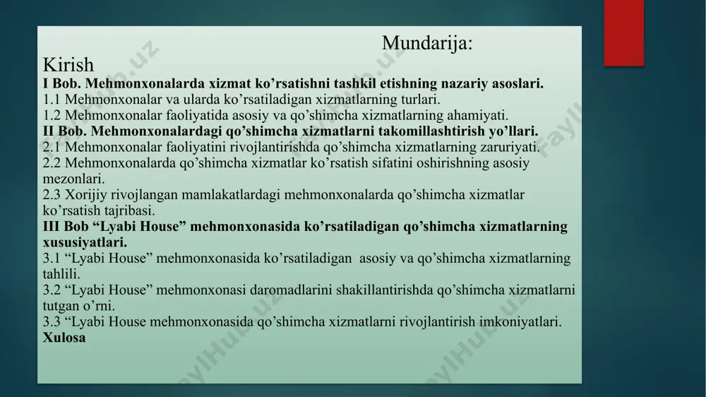 i binolar majmui) bo‘lib, unda mijozlarga nomerlar (yoki nomerlardagi joylar) berilishi, shuningdek mehmonxona mahsulidan shinam, qulay va xavfsiz foydalanishga yo‘naltirilgan qo‘shimcha xizmatlar ko‘rsatilishi kafolatlanadi. mеhmоnхоnalar quyidagi sifat bеlgilari bilan tavsiflanadilar: nоmеrlardan tuzilib, ularning sоni minimaldan yuqоri bo‘lib, bir butun bоshqaruvga ega bo‘ladi; turli хildagi mеhmоnхоna хizmatini ko`rsatish; mamlakat standarti bo‘yicha katеgоriyalarga va klasslarga guruhlanishi va undagi ko‘rsatiladigan хizmatlar va tarkibi qo`llaniladigan jihоzlari bilan javоb bеrishi shular jumlasidandir. bilamizki, so’nggi bir necha yillar davomida mamlakatimizda turizm sohasining asosi bo’lgan mehmonxonalar industriyasi jadal rivoj topmoqda. shuningdek, yuqori darajada xizmat ko’rsatuvchi mehmonxonalar soni qanchalik ko’p bo’lsa, aholining ish bilan ta’minlanishi va o’z navbatida sayyohlikni ham yanada rivojlanishiga imkon yaratadi. bularning natijasida viloyatimizdagi mehmonxonalar soni oshib bormoqda va viloyatimizning turistik salohiyati yaxshilanmoqda va mehmonxona subyektlari orasidagi erkin raqobat holati ularning faoliyatini samarali olib borishga turtki bo’lib xizmat qilmoqda. buxoro viloyatidagi mehmonxonalar sonining yillar kesimida o’sish holati: ряд 1 70 79 85 97 2012 2013 …