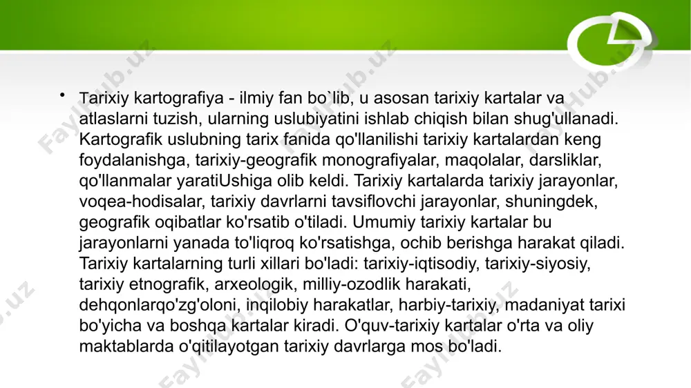 isodiy tarixiga oid kartalar esa deyarli bo'lmagan. o'rta osiyo chor rossiyasi tomonidan bosib olingandan so'ng turkiston general-gubernatorligi va yarim mustaqil buxoro amirligi va xiva xonligining o'sha davrga oid ba'zi kartalari mavjud edi. o'zbekiston mustaqillikka erishgandan so'ng tarixiy kartalar soni ko'paydi. o'rta osiyoning eng rivojlangan davri bo'lgan temuriylar davriga bag'ishlangan kartalar to'plami chop etildi. shu bilan birga o'zbekiston tarixiy kartografiyasi oldida ko'plab imiy muammolar turibdi. birinchi galda zamonaviy talablarga mos bo'lgan o'zbekiston xalqlari tarixining butun davrlarini qamrab olgan tarixiy atlas yaratish zarur. bu borada dastlabki qadamlar ham tashlandi. 1999 yilda ,,0'zbekiston tarixi atlasi" nashrdan chiqdi (o'zbekiston tarixi atlasi.-o'zgeodezkadastr, 1999). endi uni yangi ilmiy ma'lumotlar asosida to'ldirib, mukammallashtirib borish zarur. o'zbekiston xalqlari tarixiga oid kartalar mavjud bo'lsa-da, tarixiy- geografik, tarixiy-iqtisodiy, tarixiy-demografik kartalarni yaratish o'zbekistonlik olimlarning birinchi galdagi vazifasidir. xx asrga qadar respublikamiz hududini kartografik jihatdan o'rganilganlik ancha past bo'lgan. chor rossiyasi turkistonni bosib olgandan keyin iqtisodiy jihatdan muhim bu o'lkani kartaga olish …