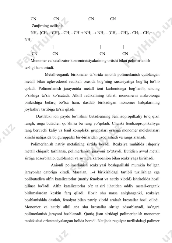ishga o’xshash zanjir reaktsiyalardan iborat bo’lib, faqat o’sayotgan zanjir uchidagi radikal o’rnida kation yoki anion bo’ladi. o’sayotgan makromolekula o’zining musbat yoki manfiy zaryadlarini zanjir boylab uzatishi orqali polimer zanjirining o’sishiga imkoniyat tug’iladi. shu sababdan o’sayotgan makroionning zanjir uchida hosil qilgan ionning zaryadiga qarab kationli va anionli polimerlanishga bo’linadi. shunday qilib, ionli initsiatorlar yoki jarayon tezligini ionlar yordamida tezlashtiruvchi moddalar ishtirokida sodir bo’ladigan polimerlanish jarayoni i o n l i p o l i m e r l a n i sh deyiladi. 1877 yilda a.m. butlerov izobutilenni sul’fat kislota ishtirokida birinchi marta polimerlab, poliizobutilen hosil qildi. organik modda molekulasi tarkibidagi uglerod atomining zaryadlangan zarracha (ion) holida mavjud bo’lishini valden 1903, tang 1921 yillarda ba‘zi organik moddalarning eritmalarini elektr o’tkazuvchanlik xossalarini o’rganish natijasida aniqlagan edilar. keyinchalik n. berrum 1926 yilda kimyo faniga juft zaryadli ionlar tushunchasini kiritdi. faynman naftalinning natriyli tuzining epr - spektrini o’rganib, organik anionlarning metall atomlari bilan ion …