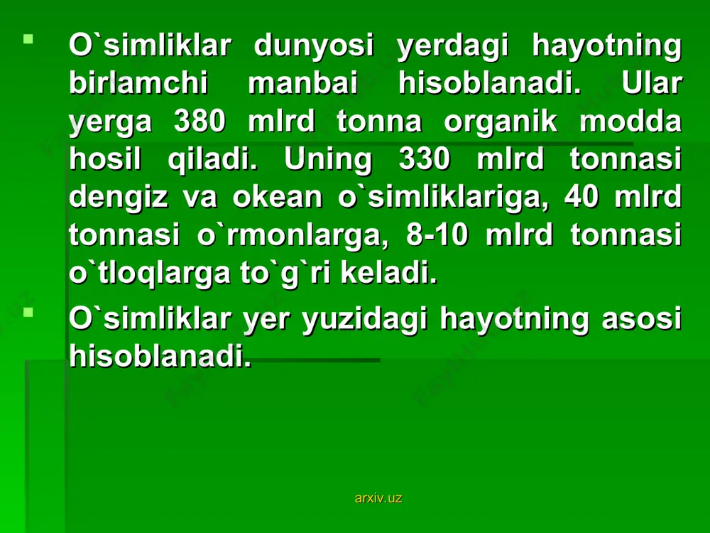 a, yaylovga moslashgan hayvonlar yashaydi. cho`l hayvonlari. cho`l hayvonlari uzoq davom etgan quruq, jazirama yozga, qumli, sho`rxok, gilli, toshloq sharoitga moslashgan. shu sababli ba`zi hayvonlar uzoq davom etgan qurg`oqchil, nihoyatda issiqqa, yozga chidamli bo`lib, umrida suv iste`mol qilmay o`simliklar tarkibidagi namlik bilan cheklansa, (yumrochqoziqlar, qo`shoyoqlar, ko`rsichqon) ba`zilar, chunonchi oqquyruq, jayron chopqir (soatiga 50—60 km. tezlikda chopadi) bo`lib, uzokdagi suvloqdan foydalanadi. arxiv.uz arxiv.uz cho`lda hasharotlardan qoraqurt, chayon, falanga, tarantul (biy), chigirtka kabilar mavjud. bular ichida qoraqurt, chayon, falanga, biy zaharli o`rgimchaklar turiga kiradi. cho`p hayvonlaridan echkemar, jayron, qum charxiloni, turkiston kobrasi (kapcha ilon), qoraqurt kabilar xakida qisqacha ma`lumot beramiz. echkemarlar oilasi ichida cho`lda yashovchi eng katta turi— buz echkemar hisoblanadi. uning uzunligi 1,5 m ga yyetadi. u qumyai cho`llarda yashaydi, kunduzi faol harakat qiladi. bo`z echkemar uchun asosan chuqur yoriqlar, kemiruvchilarning ini boshpana hisoblanadi, qisman esa o`zi ham in qaziydi. u xavfsiz, foydali hayvon bo`lib, hasharotlar, kemiruvchilar, kaltakesak, chayon, qorakurt, qushlar …