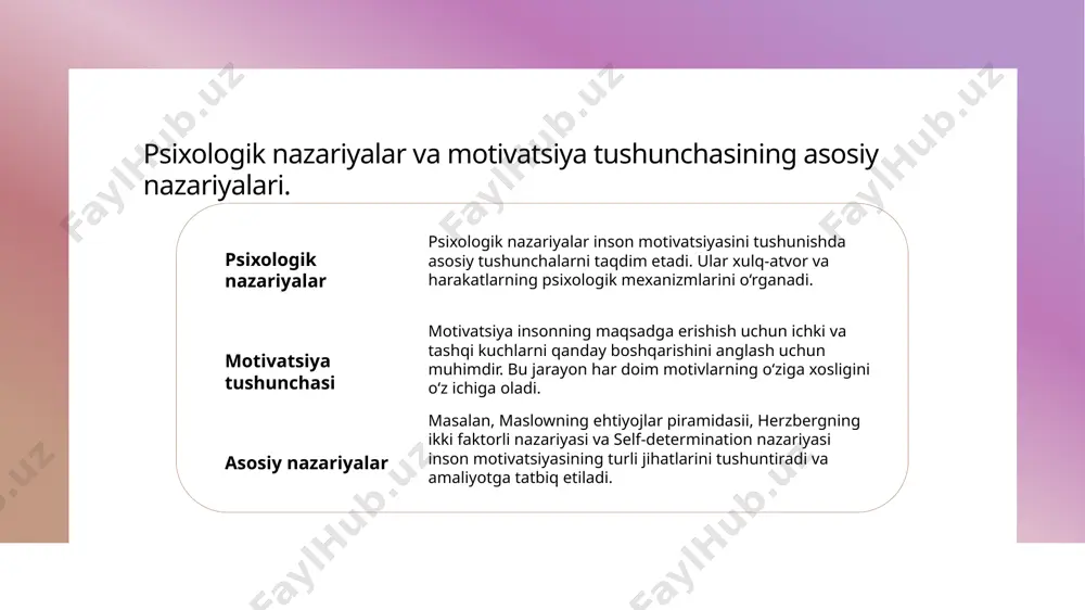 niy ta'sir o'zbek jamiyatida madaniyat, an'analar va urf-odatlar motivatsion jarayonlarni shakllantiradi. bu faktorlar shaxsning maqsad va xulq-atvoriga ta'sir qiladi. ijtimoiy tarmoqlar oila, do'stlar va jamiyatdagi ijtimoiy aloqalar motivatsiyaga katta ta'sir ko'rsatadi. ular shaxsning qadriyatlari va maqsadlarini belgilaydi. an'analar va urf-odatlar madaniy an'analar va urf-odatlar motivatsiya mexanizmlarini kuchaytiradi, shuningdek, insonlarning identitetini va jamiyatga bo'lgan sadoqatini oshiradi. ichki motivatsiya tushunchasi va uning psixologik asoslari 1 ichki motivatsiya tushunchasi ichki motivatsiya insonning o'z qiziqishi, maqsadlari va qadr-qimmati bilan bog‘liq bo‘lib, tashqi omillarsiz o‘z ichida paydo bo‘ladi. bu motivatsiya insonning ichki istaklari va psixologik ehtiyojlariga asoslanadi. 2 psixologik asoslar ichki motivatsiyaning psixologik asoslari shaxsning o‘z-o‘zini anglash, qoniqish va rivojlanish istagi bilan bog‘liq bo‘lib, masalan, shaxsiy o‘sish va maqsadlarni amalga oshirish istagi. 3 motivatsiya va inson xulq ichki motivatsiya insonning xulq-atvorini mustahkamlashga, ijodiy va samarali faoliyatga undaydi. bu motivatsiya shakli insonni mukofot yoki jazolashdan mustaqil holda, ichki qoniqish uchun harakat qilishga undaydi. tashqi motivatsiya va …