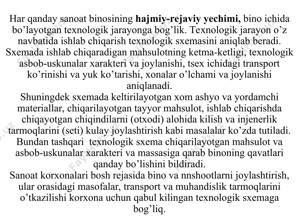 di: alohida (razdelnie) va yoppa (sploshnie) birinchi tipga quvvati kam bo’lgan korxonalar kiradi, hamda ularga shplab chiqarish kichik oraliqli alohida turgan binolarga joylashgan bo’ladi. ishlab chiqarish alohida joylashgan korxonalar katta qurilnsh maydonini egallaydi, muhandislik va transport tarmoqlar uzunligi va maydonning obodonlashtirish hajmi ko’payadi, ishlab chiqarishni potok shaklida tashkil etish va tsexlararo transportdan foydalanish yo’qoladi. hozirgi zamon amaliyoti ko’rsatyaptiki, bir turdagi ayrim vaqtlarida har hil texnologik jarayonli ishlab chiqarishqi bir bino tarkibida bloklashtirish yaxshi natija bermoqda. bir tom ostida hamma asosiy, yordamchi, qo’shimcha bino va omborlar joylashadi. 2.2 sanoat binolari qavatini tanlash bir qavatli sanoat binolarining yutuqlariga texiologik jihozlarni o’rnatish osonligi, yuklarni olib kelish va tashishda gorizontal transportdan foydalanish, oddiy hajmiy — rejaviy va tuzilmaviy yechimi bo’lishi, ishlash joylarini tabiiy yorug’lik (yorug’lik fonarlari) bilan ta’minlash, ochiq o’rinlar va fonarlar orqali tabiiy shamollatishni tashkil etish, ishlab chiqarish honalarini bir-biri bilan qulay aloqasi kiradi. kamchiligi qurilishi maydonining qattaligi, muhandislik va transport tarmoqlarining uzunligi, …