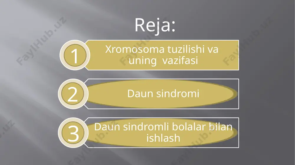 hadi. edvards sindromi (18): pastki jag`ning rivojlanmaganligi,tanglay va labdagi yoriqlar, ko`z kasalliklari katarakta, glaukoma, ichki organlarning yaxshi ishlamasligi va kistalar. klaynfelter sindromi (jinsiy): y xromosoma o`rniga x zromosoma sonining ko`payib kelishi yxxxx kuzatiladi, ko`krak tuzilishida o`zgarishlar kuzatiladi. bepushtlik, aqliy zaiflik kuzatiladi. shershevskiy sindromi: (45): 46 x xromosomaning yo`q bo`lib qolishi va 45 xromosomadan iborat, qiz bolada o`g`il bola jinsiy belgilari, yelkadagi qanotsimon suyakcha bo`lishi, yurak tug`ma muammolari, sut bezlari rivojlanmaydi, kinsiy va aqliy muammolar kuzatiladi. mushuk chinqirig`i (5) :ingichka mushuksimon qiyqirib yig`lash, sababsiz kulish, yurak tug`ma muammosi, bo`yning pastligi, tana tuzilishidagi o`zgarishlar kuzatiladi. ko`p hollarda bir yoshgacha nobut bo`ladi. e`tiboringiz uchun raxmat! image2.png image4.png image5.png image6.png image7.png image8.png image9.png image10.png image11.png image12.png image13.png image14.png image15.png image16.png image17.png image18.png image19.png image20.png image22.png image23.png image24.png image25.png image26.png image27.png image28.png image29.png /docprops/thumbnail.jpeg