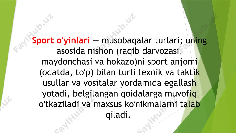 ndlikdagi shitga mustahkamlangan savatga tushirib, imkon qadar koʻproq ochko olish. har bir jamoada beshtadan oʻyinchi ishtirok etadi. jahondagi eng kuchli basketbol ligasi ham milliy basketbol assotsiatsiyasi (mba) dir. liganing nomdor professional basketbolchilari 1992-yilgi olimpiadadan boshlab aqsh t/j sharafini yirik musobaqalarda xam ximoya qilib kelmoqda. olimpiada oʻyinlari basketbol turnirida eng koʻp aqsh t/j golib chiqqan — 12 marta, faqatgina sssr 2 marta (1972, 1988), yugoslaviya (1980) va argentina (2004) olimpiada chempioni nomini tortib olgan. basketbol tarixidagi eng buyuk oʻyinchilar aqshlik karim abduljabbar, lerri berd, medjik djonson, uilt chemberlen, uilyam rassel, maykl jordon xisoblanishadi. zamonaviy basketbol yulduzlaridan shakil oʻnil, kobi brayant, tim dankan, alen ayverson, lebron djeymslarni eʼtirof etish mumkin. gandbol (ing. hand – qoʻl, ball -toʻp), qoʻl toʻpi — sport oʻyini. 19-asr oxirida yevropada paydo boʻlgan. daniyalik xalger nilson ixtiro etgan (1895). gandbol uchun kattaligi 40x20 m li maydon kerak; ogʻirligi 325—475 g , aylanasi 54—58 sm boʻlgan charm toʻp bilan …