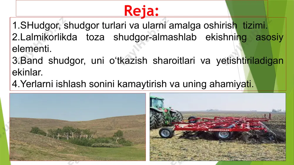 proqni chuqur qatlamlarida suv rejimini yaxshilaydi, qurg‘oqchilikni zararli ta’sirini kamaytiradi. qamashida toza shudgor kuzgi bug‘doy hosilini 56% oshirgan. kuzgi bug‘doy toza shudgorga ekilganda faqat hosili emas, don tarkibidagi oqsil miqdori ham oshgan. yog‘ingarchilik ko‘p bo‘lgan yillari toza shudgorda tuproq zichlashadi, bug‘doyni o‘sishi uchun sharoit yomonlashadi, ekinzor bir yillik begona o‘tlar bilan ifloslanadi, samaradorlik kamayadi. jizzax viloyatidagi «g‘alla» ilmiy ishlab chiqarish birlashmasi dalalarida toza shudgorga ekilgan bug‘doy hosili 14-22 s, ang‘izda 4-8 s tashkil etgan. shudgorga ishlov berish natijasi shudgorga ishlov berish natijasi tuproq yumshaydi begona o‘tlar yo’qotiladi namlik ko‘proq to‘planadi oziq moddalarning aylanishi yahshilanadi еkinlarning kasallik va zararkunan- dalari kamayadi. zararkunandalar kamayadi lalmi dexqonchilikda shudgorlash muddatlari lalmi yerlarni shudgorlashning eng qulay muddati tekislik mintaqada martning ikkinchi yarmi tekislik-adir mintaqasida martning oxiri aprelning birinchi yarmi tog‘ oldi mintaqasida aprel тоғли зона апрелнинг охири- майнинг боши qora shudgor ekinlar hosili yig‘ishtirilib olingandan so‘ng yoki yig‘ishtirib olish bilan bir vaqtda o‘tkazilsa qora shudgor …