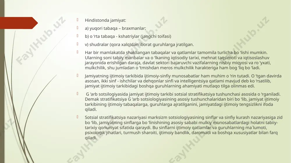 alanish mumkin. platonning eng iqtidorli shogirdi: aristotel «siyosat» asarida jamiyatni quyidagi tabaqalarga ajratadi: 1. dehqonlar. 2. hunarmandlar. 3. savdogarlar. 4. yollanma ishchilar. 5. harbiylar. platondan farqi o ‘laroq aristotel quldorlik tuzumini himoya qiladi. uning fikricha qullar- bu mehnat qurolidir. ular og ‘ir jismoniy mehnatni bajarishga moslashtirilib, baquvat qilib yaratilgandir. erkin fuqaro esa bu vazifani uddalay olmaydi, lekin boshqaruvga layoqatlidir. aristotel shunday ilg ‘or fikrni ilgari suradiki, jamiyatning farovonligi undagi boylarning ko ‘pligi, yoki kambag ‘allarni kamligi bilan belgilanmaydi. qaysi jamiyatda «o ‘rta element» salohiyati yuqori bo ‘lsa o ‘sha jamiyat barqaror rivojlanishda bo ‘ladi. «o ‘rta element» ni u quldorlar orasidan, mulkni qayd qilish asosida ajratib oladi. aristotelning bu fikrlari hozirgi zamonaviy jamiyatlar uchun ham o ‘z dolzarbligini saqlab qola olgan.. hindistonda jamiyat: a) yuqori tabaqa – braxmanlar; b) o ‘rta tabaqa - kshatriylar (jangchi toifasi) v) shudralar (qora xalq)dan iborat guruhlarga jratilgan. har bir mamlakatda shakllangan tabaqalar va qatlamlar …