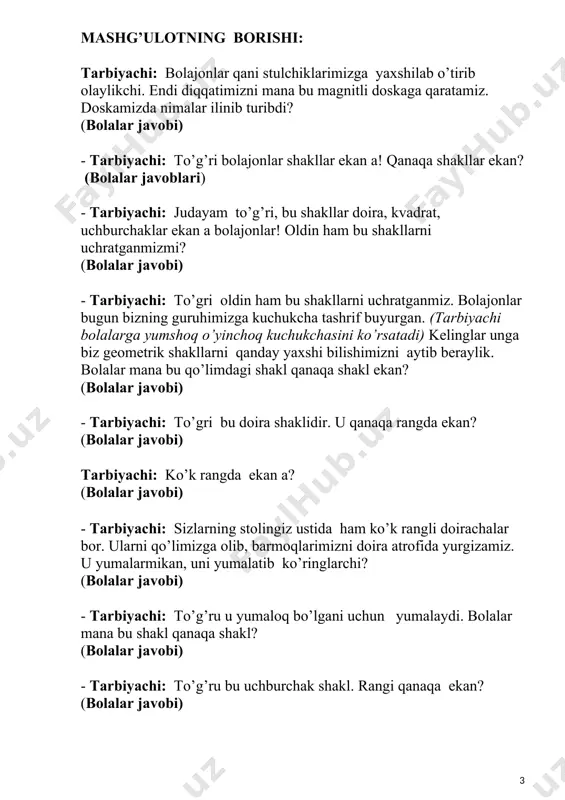 alom degandaqa o’nga va chapga silkitiladi) tog’da toychoq kishnashar-(2-kishidan bo’lib aylanishadi) qo’zichoqlar ma’rashar-(shoxlar ko’rsatqich barmoqlar bilan ko’rsatiladi) buzoqchalar onasin – (chappak chalinadi) mo’-mo’lashib izlashar-(xonada erkin yuriladi) tarbiyachi: bolalar kuchukcha sizlarning geometrik shakllarni yaxshi bilishingizni menga aytdi va qoyil qolibdi. faqat uning bir muammosi bor ekan, hech qayerda yashashga uychasi yo’q ekan. kelinglar unga uycha yasab beramiz. mana oldilaringda shakllar, yelim, oq qog’ozlar turibdi. kuchukchaning uy devorlarini qaysi shakldan foydalanib qilamiz? (bolalar javobi) tarbiyachi: to’g’ri kvadrat shaklidan qilamiz. barakalla bolajonlar. uychaning tomini qaysi shakldan qilamiz? (bolalar javobi) tarbiyachi: yaxshi, uchburchak shakldan qilar ekanmiza bolajonlar! endi kuchukchamizga uychasiga kirish uchun eshik qilamiz, uni mana bu doira shaklidan qilamiz. uni uychaning kvadrat shakliga ehtiyot qilib yelimlaymiz. barakalla bolalar! kuchukcha sizlardan unga uycha yasab berganlaring uchun judayam minnatdor. kelinglar endi u bilan xayrlashamiz. bolalar bugun biz sizlar bilan qaysu shakllar bilan tanishdik? (bolalar javobi) tarbiyachi: to’g’ri bolajonlar doira, uchburchak va kvadrat shakllari bilan tanishdik …