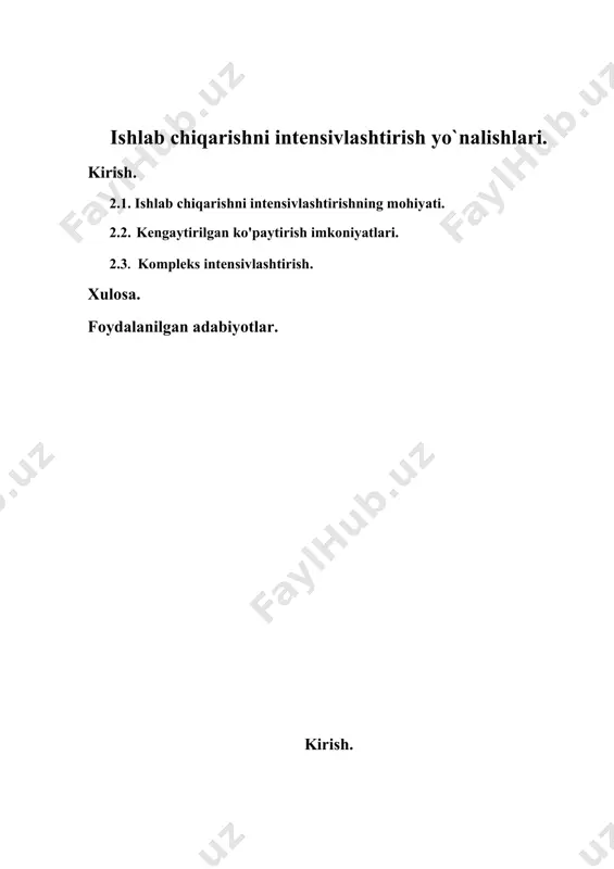 ashtirish, yoqilgʻi va energetika, material, xom ashyo, maydon, asbobuskunalardan foydalanishni yaxshilash, kooperatsiyalash va ixtisoslashtirish asosida ishlab chikarishni ilmiy tashkil etish hisobiga amalga oshiriladi. qurilishda i.ch.i. bino va insho-otlarni sanoatda tayyorlangan qismlardan montaj qilish jarayonini kompleks mexanizatsiyalashtirish, yuqori unumli texnikalarni qoʻllash, qurilish muddatini qisqartirib, uning sifatini oshirish va b. da koʻrinadi. qishloq xoʻjaligida i.ch.i. mexanizatsiya, melioratsiya, kimyolashtirish, elektrlashtirish asosida dehq-onchilik madaniyatini oshirishdan, tuproq unumdorligini oshirish, biologiya va agronomiya fanlarining eng muhim yangi yutuklarini, yangi texnika va texnologiyalarni joriy etishdan iborat. 2.1. ishlab chiqarishni intensivlashtirishning mohiyati. eng ichida umumiy ko'rinish iqtisodiy o'sish ishlab chiqarish natijalarining miqdoriy o'sishini bildiradi. ijtimoiy iqtisodiyotning iqtisodiy o'sishini hisoblash uchun foydalaniladigan asosiy makroiqtisodiy ko'rsatkichlar yalpi milliy mahsulot (yamm) va milliy daromad (ni). shunga ko'ra, iqtisodiy o'sish ko'rsatkichlari bir davrning real yamm yoki ni boshqa davrning o'xshash hajm ko'rsatkichlariga nisbati hisoblanadi. ushbu ko'rsatkichlar foiz sifatida o'lchanadi va o'sish sur'atlari (yoki daromadlar) deb ataladi. tahlil natijalarining aniqligiga erishish uchun iqtisodiy …