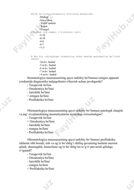 set + endodontik fayl - prob # tishlarga plomba qo'yish uchun qanday asbob ishlatiladi? - prob - ekstraktor -kyuretta + kompozit asbob (yopishtiruvchi asbob) - tish oynasi #nima uchun stomatolog artikulyatordan foydalanadi? - plombalarni o'rnatish -og'iz bo'shlig'ini tekshirish +tishlarning gips modelini yaratish - tish chiqarish - taassurotlar olish #tish kermetlarini olib tashlash uchun qaysi asbobdan foydalaniladi? - prob -matkap -kyuretta +keramika uchun olmosli frezer - ko'zgu #tish asboblari uchun qanday turlardan foydalaniladi? + elektr va havo -gidravlik va magnit - qo'lda va pnevmatik - quyosh va yadro - barcha javoblar to'g'ri #turbina uchi qanday aylanish tezligiga erisha oladi? - 1000 aylanish tezligigacha - 10 000 aylanish tezligigacha - 100 000 aylanish tezligigacha +400 000 aylanish tezligigacha #qaysi turdagi mikromotorlar ko'proq quvvat va aniq tezlikni boshqarishga ega: havo yoki elektrmi? - havo mikromotorlari -optik mikromotorlar -gidravlik mikromotorlar - quyosh mikromotorlari +elektr mikromotorlar #mikromotorli dastgohlar qanday harakatni o'zgartiradi? - faqat o'zaro -faqat …