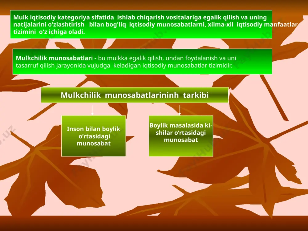 undiriladi va ularning asosini tashkil qiladi. mulkni xususiylashtirish jarayoni davlat tomonidan boshqariladi. xususiylashtirishni huquqiy- me'yoriy jihatdan ta'minlashda qonunlarga rioya etiladi. ii-bosqich asosiy adabiyotlar: 1.o’zbekiston respublikasining konstitusiyasi. t. «o’zbekiston» 1992 y. 18-19 betlar. 2.o’zbekiston respublikasining qonuni.o’zbekiston respublikasida mulkchilik tugrisida. o’zbekiston respublikasi qonun va farmonlari. t. «uzbekitson» 1992-1996 y. o’zbekiston respublikasining qonuni.davlat tasarrufidan chiqarish va hususiylashtirish tugrisida 3.o’zbekiston respublikasi qonun va farmonlari. t. «o’zbekiston» 1992 y. 4.i.a.karimov o’zbekiston iqtisodiy islohotlarni chukurlashtirish yulida. t. «o’zbekiston» 1995 y. 43-51, 56, 175 betlar. 5.i.a.karimov.o’zbekiston xx1 asrga busagasida: xavfsizlikka taxdid, barqarorlik shartlari va tarakkiyot kafolatlari. t. «o’zbekiston » 1997 y. 178-179, 196-207 betlar. 6.i.a.karimov o’zbekiston xx1 asrga intilmokda. t. «o’zbekiston» 1999 y. 32-33 betlar.k.makkonell, s.bryu. ekonomiks m. 1992 g. t-1.gl.-7 str.105-110 mulkchilik munosabatlari mazmunini tushuntiring. mulkning ob`ekti va sub`ektini tushuntirib bering. mulkchilik shakllari va turlarini ko’rsating. mulkni davlat tasarrufidan chiqarish va hususiylashtirish deganda nimani tushunasiz? mulkiy islohotlar deganda nimani tushunasiz? nazorat savollar: image1.jpeg