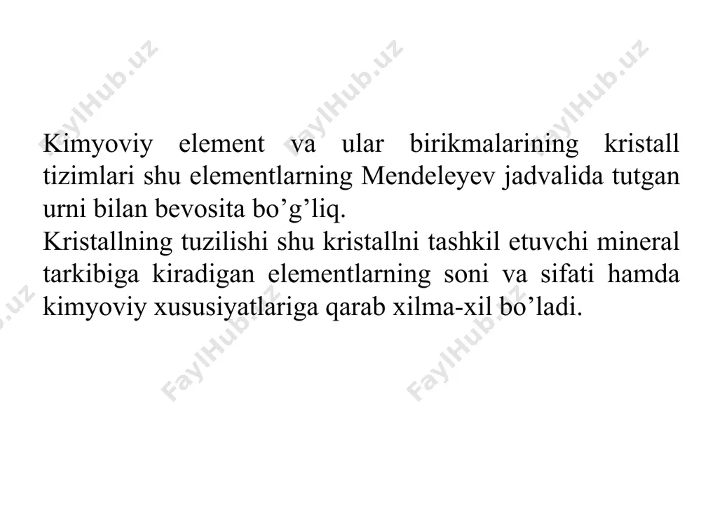 b atomlar imkon qadar zich joylashishi mumkin? 2 o’lchamli * * • abcabc... joylashuv tartibi • 2d • yacheyka kubik zich joylashuv a b b b b b b b c c c c a b b b b b b b b b b c c c a c c c a a b c * metall qotishmalari kristall tuzilishlari xar xil metallarning atomlari o’zaro bir-biri bilan turlicha bog’langan bo’lishi mumkin. ularning ba’zilari suyuq, holatda ham, qattiq, xolatda xam bir-birlari bilan kimyoviy reaksiyaga kirishmaydi va aloxida-aloxida (biri ikkinchisi bilan aralashmaydigan) qavatlar xosil qiladi. nihoyat, shu ikki metall kimyoviy reaksiyaga kirishadi, muayyan tarkibli birikma yuzaga keladi. mana shu ikki xolat orasida bir necha boshqacha xolatlarni xam ko’rish mumkin: a) metall atomlari yuqorida aytib o’tilganidek, suyuq xolatda xam, qattiq xolatda xam kimyoviy reaksiyaga kirishmaydi; b) metallar suyuq, xolatda aralashib, keyin qattiq, aralashma xosil qiladi; v) metallar bir-biri bilan cheksiz qattiq eritma …
