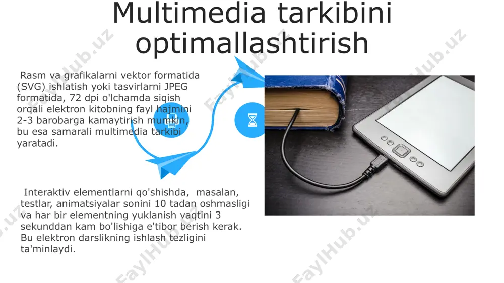 perhavolalar, yorliqlar va 2-3 darajali sarlavhalar orqali mantiqiy tartibda tuzilishi va o'quv materiallarining oson qidirishini ta'minlashi kerak. navigatsiya va tuzilmani yaratish matn, rasm va video qo'shish rasm va video qo'shishda, 720p yoki undan yuqori sifatli media fayllarni tanlash, elektron darslikning sifati va jozibadorligini oshiradi. mpeg-4 yoki h.264 kodeklaridan foydalanish tavsiya etiladi. matn qo'shishda, autoplay media studio kabi dasturlarda 200 dan ortiq belgidan iborat bo'lgan matnlarni sahifalarga bo'lib joylashtirish, o'quv jarayonini yanada qulaylashtiradi. matn qo'shishda, autoplay media studio kabi dasturlarda 200 dan ortiq belgidan iborat bo'lgan matnlarni sahifalarga bo'lib joylashtirish, o'quv jarayonini yanada qulaylashtiradi. dizayn va estetika elektron darslikni yaratishda 20 dan ortiq rang sxemalarini qo'llab, foydalanuvchilar uchun vizual jihatdan yoqimli va o'qishga qulay interfeys yaratish mumkin. animatsiyalar va o'tish effektlarini 3 dan ortiq bo'lmagan xilma-xil variantlarda qo'llash orqali, elektron darslikning jozibadorligini oshirish va interfaisni yanada dinamik qilish mumkin. elektron darslik yaratishning afzalliklari elektron darsliklarni yaratish o'quv jarayonini 20% ga tezlashtiradi, …