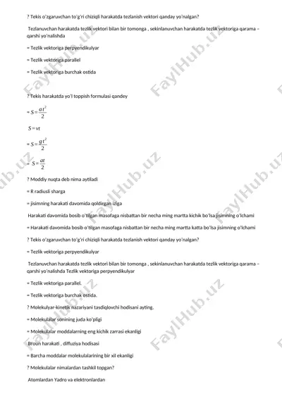 fizika test savollari to‘plami — DOCX