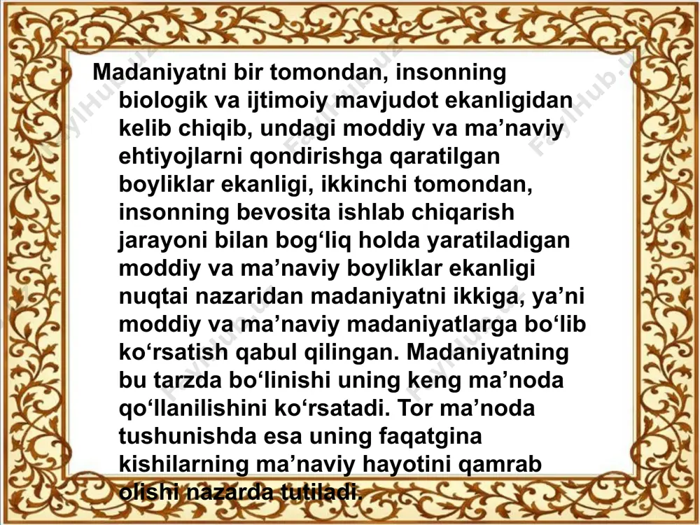 huquq, ilmiy dunyoqarash, diniy e’tiqodlari, ta’lim-tarbiya, matbuot - xullas, insoniyatning ma’naviy ehtiyojlarini qondiruvchi barcha ma’naviy boyliklar majmuidir. madaniyat о‘z taraqqiyoti jarayonida ayrim tarmoqlarga ham bо‘linib boradi. masalan, ma’naviy madaniyat badiiy madaniyat, estetik madaniyat, axloqiy madaniyat, kiyinish madaniyati, muomala madaniyati va boshqalarga bо‘linib ketsa, moddiy madaniyat texnika madaniyati, dehqonchilik madaniyati, qurilish madaniyati, turmush madaniyati kabi tarmoqlarga bо‘linib ketadi. о‘z navbatida bu tarmoqlar bir-biri bilan о‘zviy bog‘liq bо‘lgan turli-tuman tushuncha va hatti-harakatlarni qamrab oladi. masalan, turmush madaniyati deganda, biz uy-joy qurilishidagi kо‘rkamlik, kiyim-kechak, poyafzal, oshxona, uy jihozlari, ozodalik, pazandalik, oila va jamiyatda maishiy xizmat va dam olishni tashkil etishni qamrab olishini tushunamiz. moddiy va ma’naviy ishlab chiqarish yagona ijtimoiy ishlab chiqarish jarayonining ikki tomoni hisoblanib, bunda moddiy ishlab chiqarish belgilovchi rol о‘ynaydi. chunki moddiy ne’matlar ishlab chiqarish muayyan jamiyatning barcha tomonlarini, shu jumladan ma’naviy ishlab chiqarish jarayonini ham belgilab beradi. aslida ma’naviy ishlab chiqarish - bu ijtimoiy ong shakllarini tashkil etuvchi davlat, …