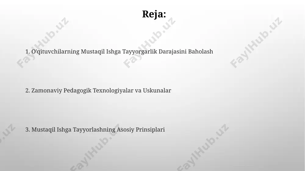 baholash va takrorlash usullarini qo‘llash orqali o‘qituvchilar bilim bo‘shliqlarini aniqlash va kamida 20% samaradorlikni yaxshilashga erishishi mumkin. mustaqil ishlash jarayonida kamida 5 ta turli manbadan (kitoblar, maqolalar, video darsliklar) foydalanish bilim doirasini kengaytirish va chuqurroq tushunishga yordam beradi. mavzu bo‘yicha o‘quv materiallari va resurslar o‘qituvchilarning mustaqil ishlash ko‘nikmalarini rivojlantirishga qaratilgan 50 dan ortiq amaliy mashqlar va topshiriqlar to‘plamini o‘z ichiga olgan o‘quv qo‘llanmasi mavjud. o‘quv jarayonida foydalanish mumkin bo‘lgan 20 dan ziyod ilmiy maqolalar, elektron resurslar va onlayn platformalar ro‘yxati bilan ta’minlanadi. o‘qituvchilarning professional rivojlanishi pedagogik mahoratni oshirish uchun o‘qituvchilarga onlayn platformalardan foydalanish, 5 ta turli metod va texnologiyalarni qo‘llash bo‘yicha treninglar taklif etilishi mumkin. o‘qituvchilarning professional rivojlanishiga yillik 30 soatlik malaka oshirish kurslari, shu jumladan 10 soat amaliy mashg‘ulotlarni o‘z ichiga olgan holda, ta’sirchan natijalar beradi. mustaqil ish uchun o‘qituvchilarni tayyorlashning ahamiyati mustaqil ish uslubini o'zlashtirgan 30% dan ortiq o'qituvchi fizika fanini o'qitishda innovatsion usullarni qo'llashga tayyor bo'ladi, bu …