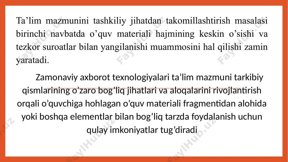 irish imkoniyati ham paydo bo’ladi. yozib olingan video va audiomodullar o’qitishning interaktiv modullari bilan birgalikda masofali ta’lim jarayonida qo’llanilsa katta samara berishi mumkin. ta&amp;apos;lim texnologiyasi har bir bolaning shaxsiy qobiliyatini va qobiliyatini, shuningdek, turli vositalar bilan ishlashning mavjud mahoratini hisobga olishni talab qiladi. akt ham alohida yondashuv muammosini hal qilishi mumkin. shuning uchun o‘quv materialining tezligini va malakani oshirib olish mumkin. bundan tashqari, innovatsion texnologiyalardan foydalanish va o‘rganish xarakterini individualizatsiya qilish har bir bola uchun muvaffaqiyatli vaziyat yaratishga yordam beradi, bu esa bolalarning zarur materiallarni olish darajasini oshirishga yordam beradi. telefon aloqasi. telefon masofali ta’lim kurslarini uzatishda, talaba va ta’lim beruvchi o’rtasidagi interaktiv muloqotni uyushtirishda keng qo’llanilmoqda. . bu texnologiyaning oddiyligi va nisbatan arzonligi telefonning masofali ta’lim jarayonida keng qamrovli tarzda ishlatilishining asosiy sabablaridan biridir. 4. radio va televidenie (shu jumladan, sputnik va kabelli televidenie). keng auditoriyalarga mo’ljallangan o’quv kurslarini yetkazishda radio va televidenie juda samarali vosita deb hisoblanadi. ammo …